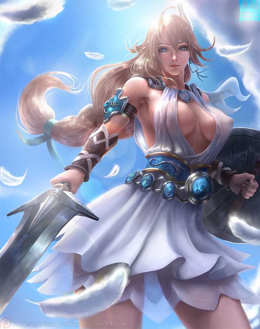 blonde hair, breasts, cleavage, female, female only, limgae, long hair, looking at viewer, milf, skirt, solo, sophitia alexandra, soul calibur, sword, warrior
