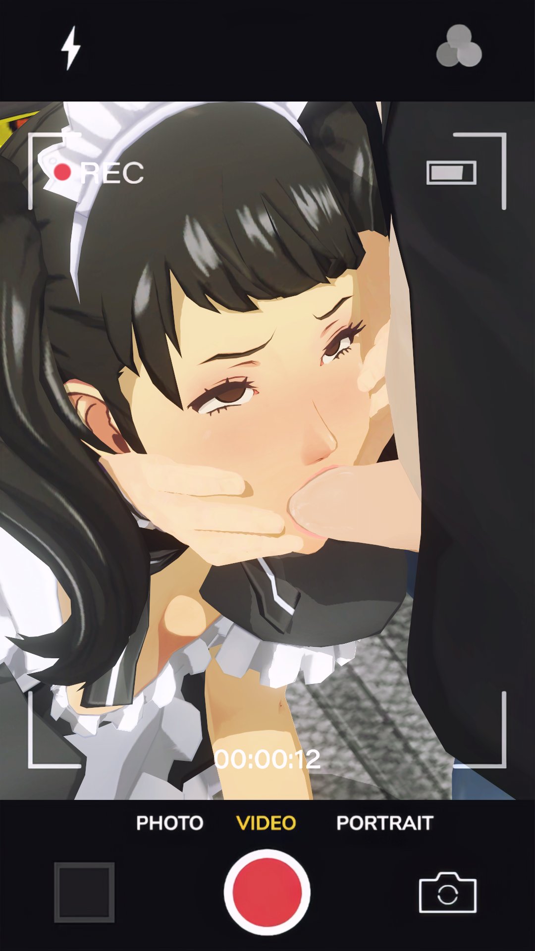 1girls 2boys assisted_fellatio becky_(persona) black_hair blowjob blush brown_eyes camera_view downblouse eyes_rolling_back fellatio frills light-skinned_female light-skinned_male light_skin maid_headdress maid_outfit oral penis persona persona_5 sadayo_kawakami twintails uriziel38