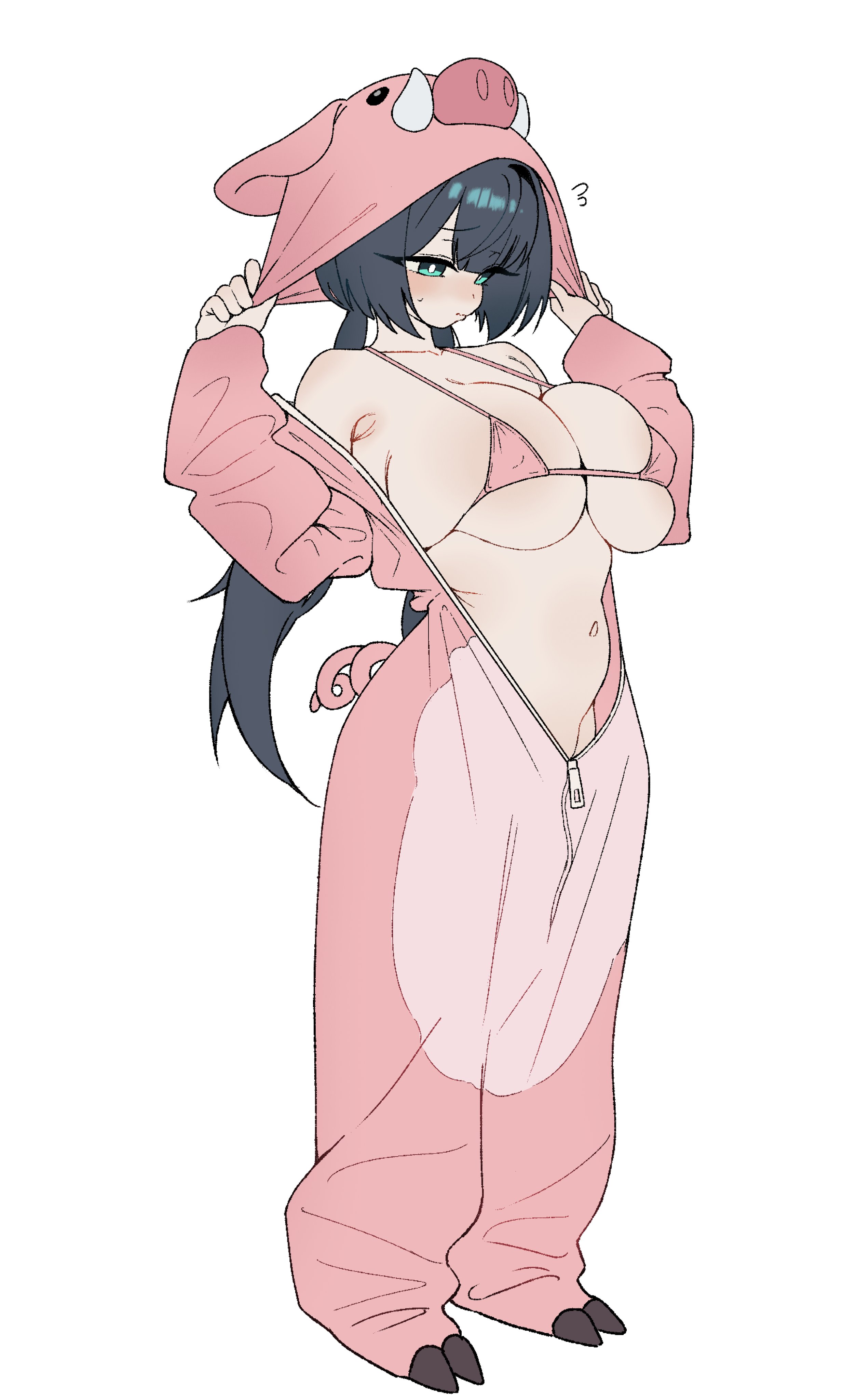 bikini, blush, cleavage, curvy, djmax, embarrassed, from side, full body, large breasts, lena (tapsonic/djmax), looking down, onesie, open onesie, pig costume, pink bikini, pink onesie, standing