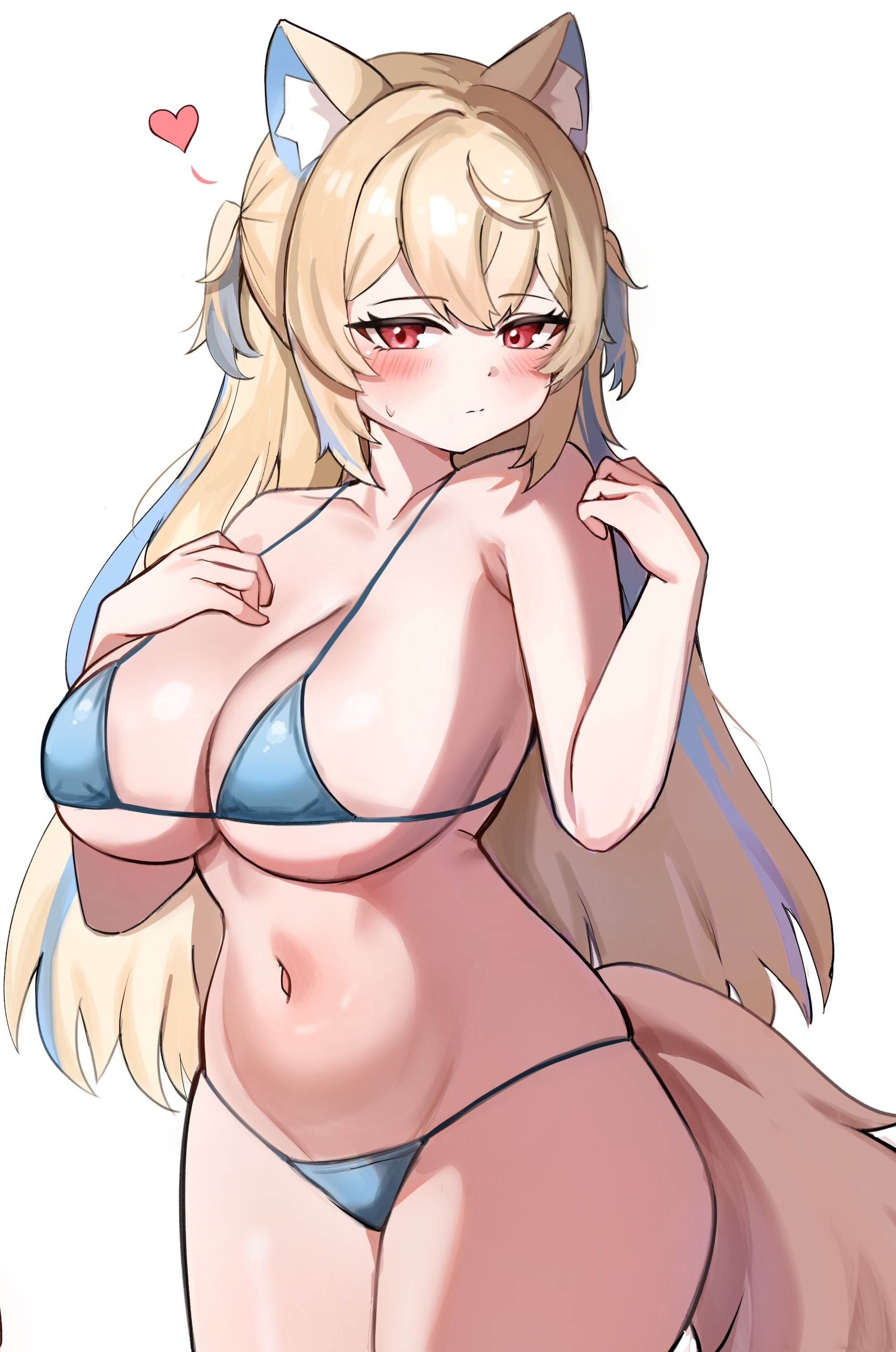 arm up, blue bikini, blush, closed mouth, curvy, embarrassed, fuwawa abyssgard, hand on breast, heart, hololive, hololive english, looking at viewer, micro bikini, pingun, sweatdrop, thick thighs, virtual youtuber, voluptuous, wide hips