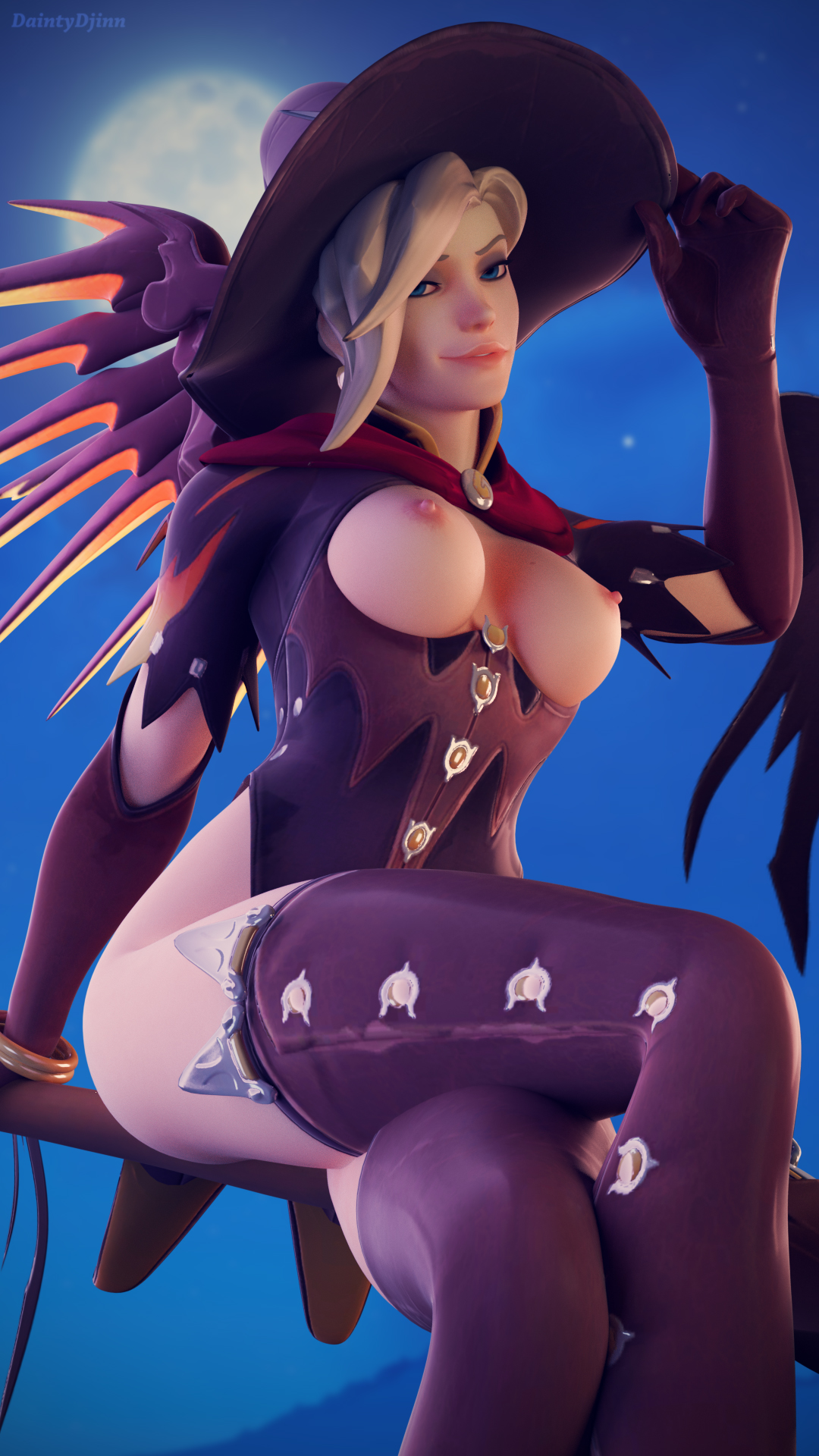3d, alternate costume, breasts, breasts out, broom, daintydjinn, female, female only, halloween, mercy, overwatch, solo, tagme, witch, witch mercy
