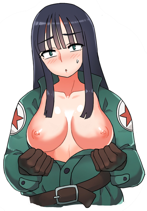 areolae, belt, black hair, blush, breasts, dragon ball, dragon ball (classic), embarrassed, female, gloves, green eyes, large breasts, long hair, mai (dragon ball), nipples, no bra, open clothes, solo, sweatdrop, uniform, upper body