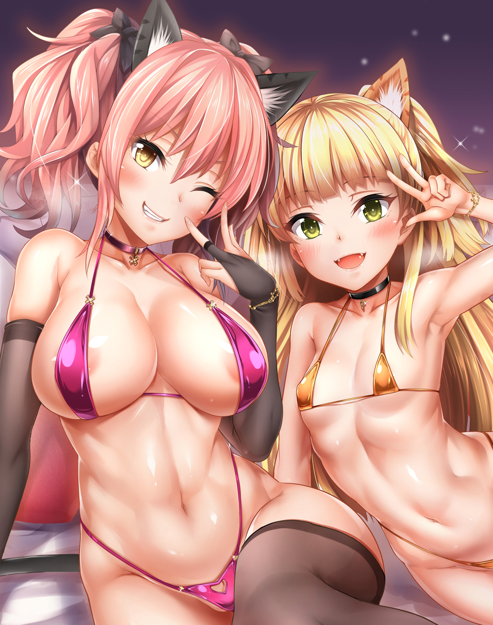 10s, 2girls, animal ears, areola slip, areolae, bikini, blonde hair, breasts, cat ears, choker, elbow gloves, fangs, female, fingerless gloves, gloves, gyaru, highres, idolmaster, idolmaster cinderella girls, jougasaki mika, jougasaki rika, kogal, large breasts, looking at viewer, lying, md5 mismatch, micro bikini, multiple females, multiple girls, navel, on side, one eye closed, oni-noboru, pillow, pink hair, shiny, shiny skin, siblings, sideboob, sisters, sitting, skindentation, small breasts, smile, swimsuit, teeth, thighhighs, toned, twintails, v, wide hips, yellow eyes