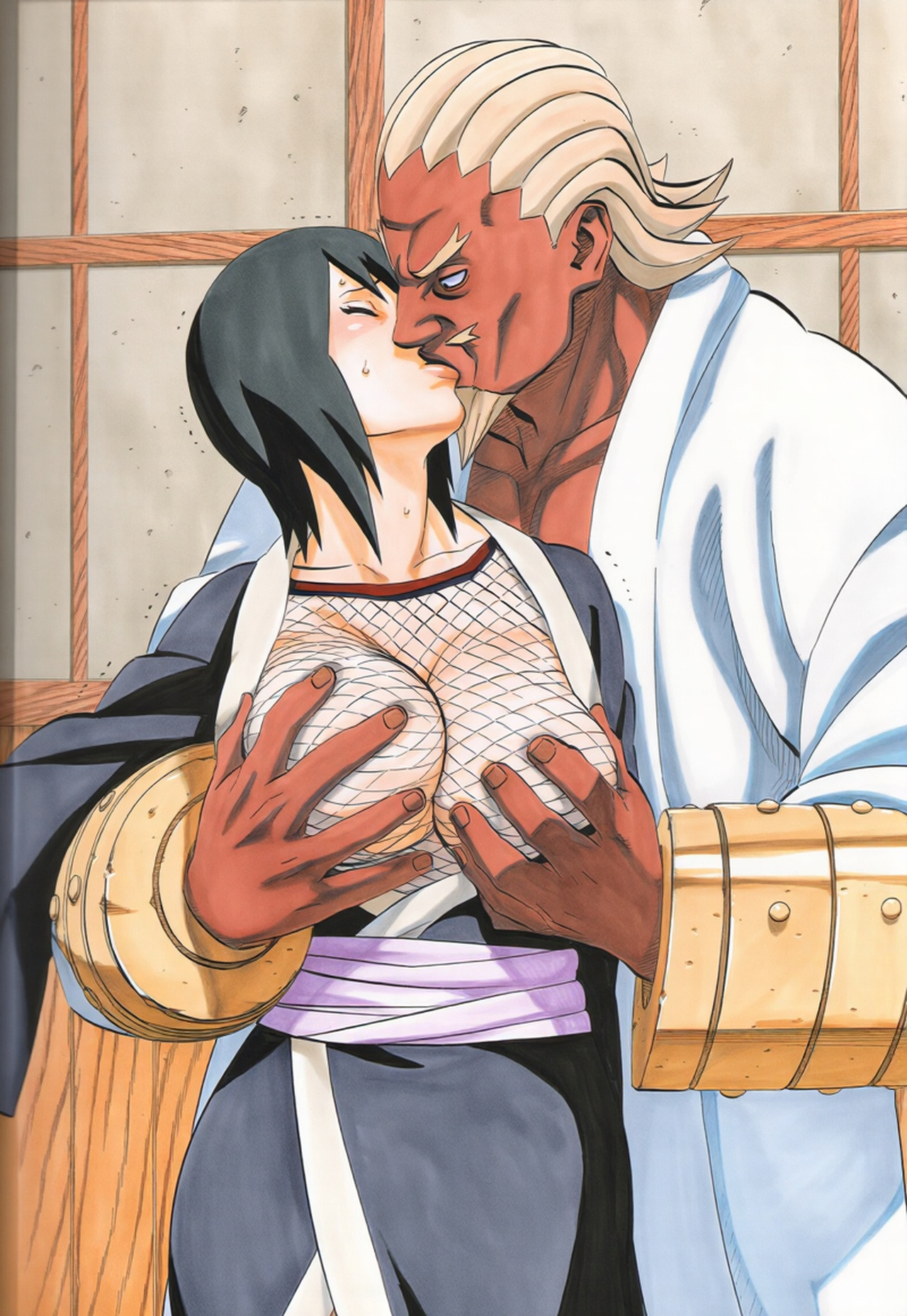 1boy, 1girls, ai generated, breasts, clothing, cuddling, curvaceous, dark skin, dark-skinned male, height difference, interracial, kimono, kissing, larger male, light skin, light-skinned female, manga style, masashi kishimoto style, medium breasts, naruto (series), naruto shippuden, nipples, raikage, shizune, size difference, smaller female, undressing, upper body, voluptuous