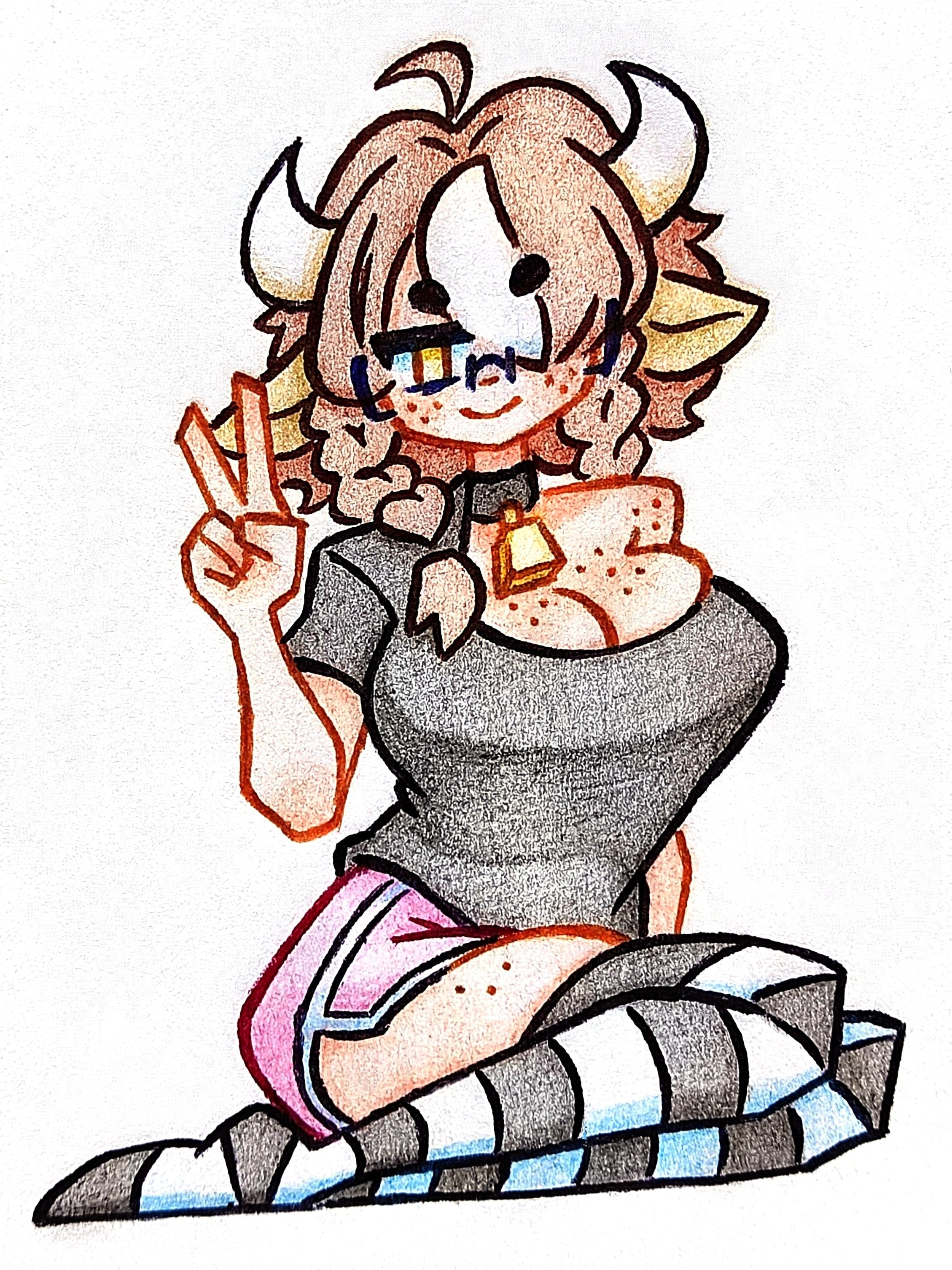 1girl, 1girls, 2026, 2d, 2d (artwork), 2d artwork, ahoge, animal ears, animal humanoid, bangs, big ass, big breasts, big butt, big hair, big thighs, black shirt, blush, blushing, braid, braided hair, braids, breasts, breasts bigger than head, brown hair, choker, cleavage, cow ears, cow girl, cow horns, cowbell, curvy, curvy body, curvy female, curvy figure, digital art, digital drawing, digital drawing (artwork), digital media, digital media (artwork), digital painting (artwork), dolphin shorts, eyebags, fcyrah, female, female focus, female only, freckles, freckles on breasts, freckles on face, freckles on shoulders, full body, glasses, hair, hair over one eye, hikikomori, horns, huge breasts, humanoid, humanoid female, kemonomimi, kneehighs, kneeling, kneesocks, large breasts, long socks, messy hair, milf, milf body, millie (sugartwist), monster girl, multicolored hair, multiple poses, multiple views, neet, neet girl, no background, oc, one eye covered, one eye obstructed, original, original art, original artwork, original character, original characters, otaku, pale, pale skin, pale skinned female, pale-skin, pale-skinned female, peace sign, shirt, short hair, short shorts, shorts, shortstack, sitting, sitting down, sitting on floor, smile, smiling, socks, solo, solo female, solo focus, striped, striped clothing, striped legwear, striped thighhighs, stripes, sugartwist, thick, thick ass, thick butt, thick eyebrows, thick hips, thick legs, thick thighs, thigh highs, thigh socks, thighhighs, top heavy, traditional art, traditional drawing (artwork), traditional media, traditional media (artwork), twin braids, twinbraids, v, white bangs, white hair, wide hips, wide thighs, yellow eyes
