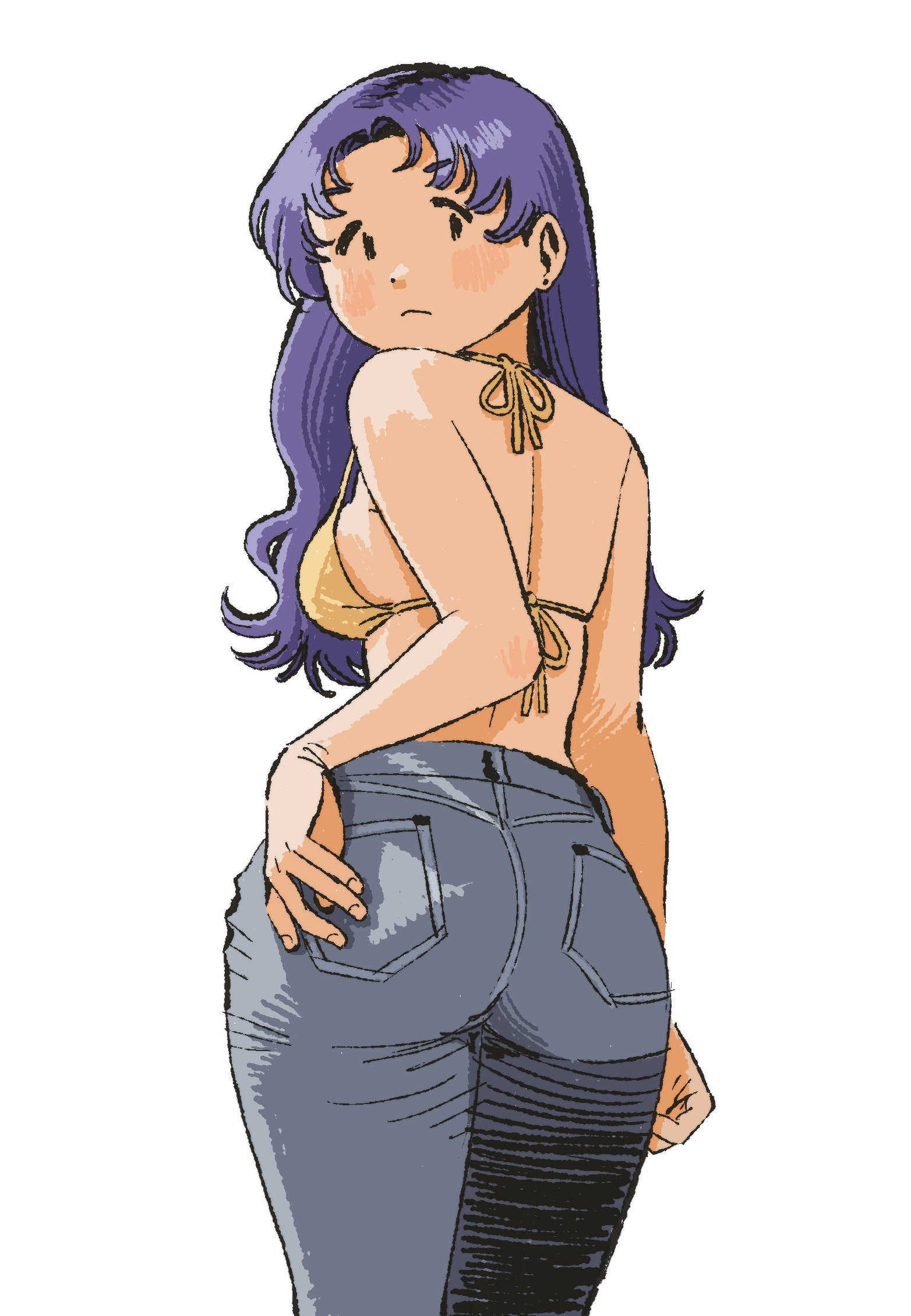 1girls, ass, ass focus, big ass, bra, female, female focus, female only, hand on ass, jeans, long hair, looking at viewer, looking back, misato katsuragi, neon genesis evangelion, purple hair, solo, solo female, solo focus, white background, yellow bra