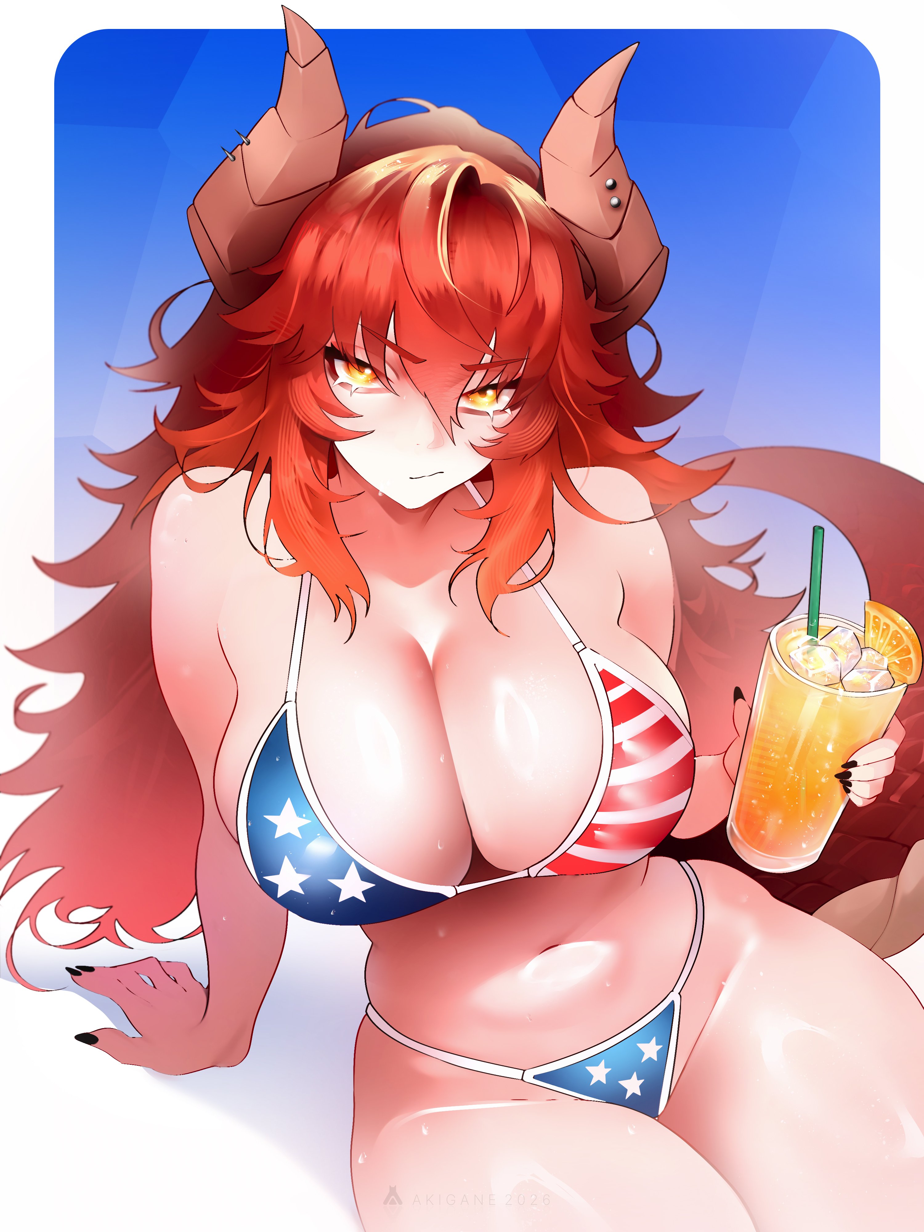 american flag bikini, artist request, black nail polish, dragon girl, drink, female, horns, large breasts, long hair, looking at viewer, red hair, tagme, thick thighs, virtual youtuber, yellow eyes, zentreya, zentreya (cowboy bikini)