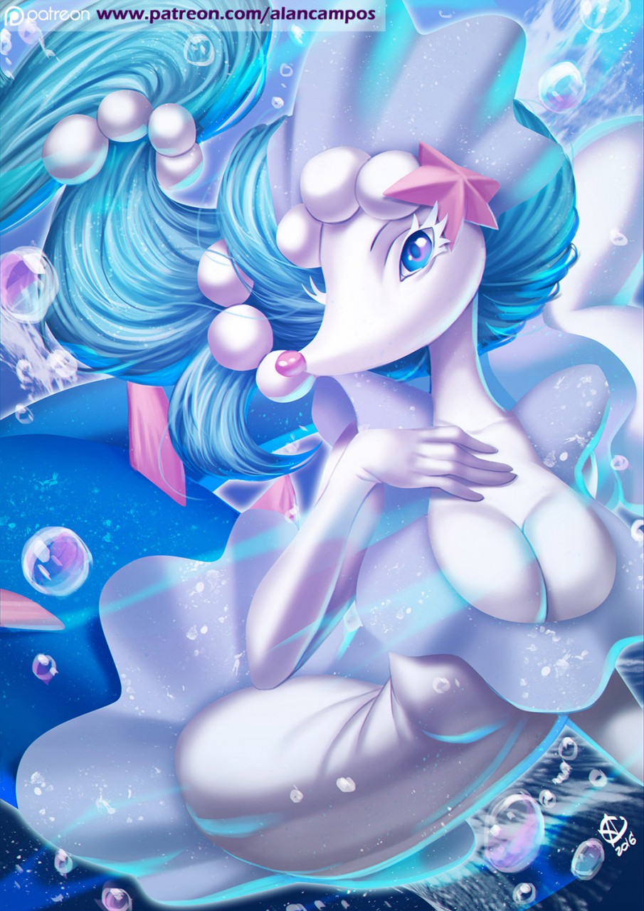 1girls 2016 alanscampos anthro blue_eyes blue_fur blue_hair breasts cleavage female furry half-closed_eyes looking_at_viewer nintendo patreon pinniped playfurry pokemon pokemon_sm primarina smile solo text underwater url water white_fur