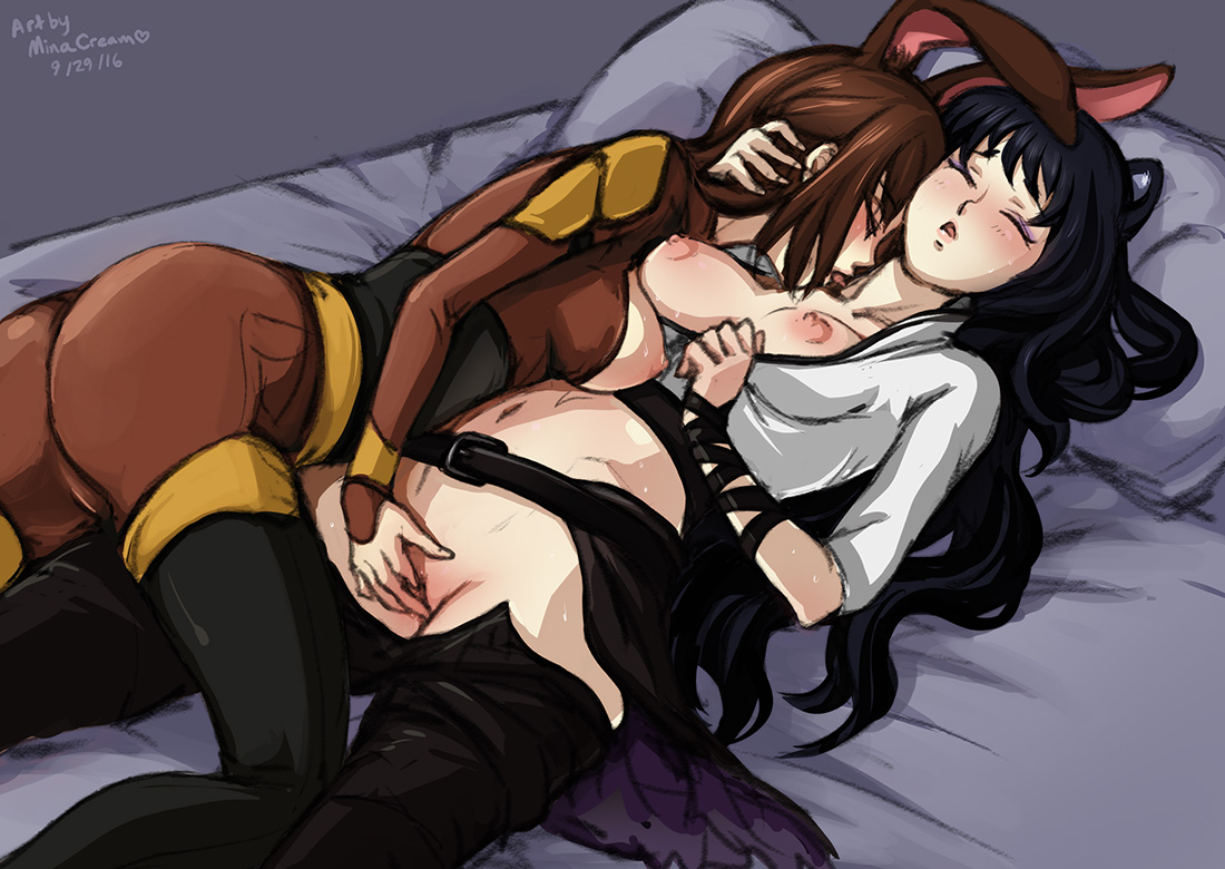 2girls, areolae, blake belladonna, breasts, female, female only, fingering, minacream, multiple females, multiple girls, nipples, pussy, rwby, velvet scarlatina, yuri