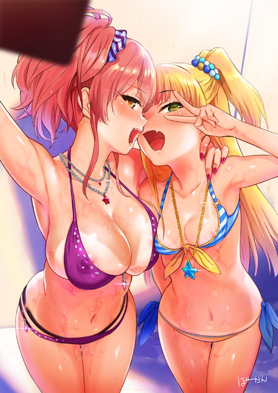 :d, 2girls, areolae, armpits, bikini, bikini tan, blonde hair, blush, bowcan, breasts, brown eyes, cleavage, cute fang, female, green eyes, gyaru, idolmaster, idolmaster cinderella girls, jougasaki mika, jougasaki rika, kogal, large breasts, long hair, medium breasts, multiple females, multiple girls, nail polish, navel, necktie, nipple slip, nipples, open mouth, pink hair, purple background, purple nails, self shot, siblings, sisters, smile, striped, striped bikini, swimsuit, tan, tanline, teeth, two side up, v, wet