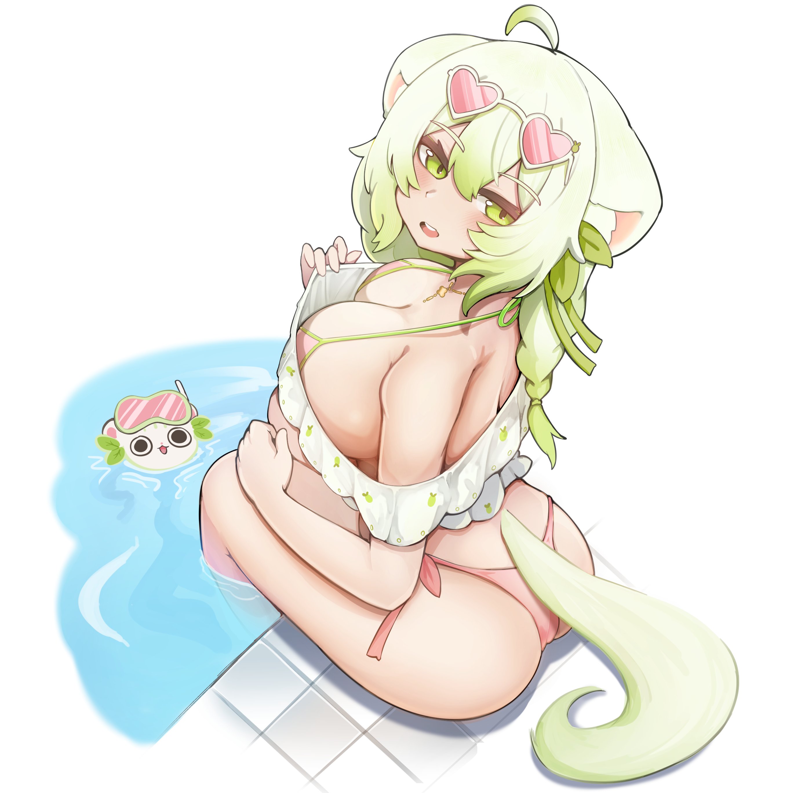 1girl, 1girls, absurdres, ahoge, animal ears, ass, back, big breasts, bikini, braid, breasts, busty, butt, cleavage, eyewear on head, female, ferret, ferret ears, ferret girl, ferret tail, gradient hair, green eyes, green hair, green tail, hair between eyes, heart, heart-shaped eyewear, highres, huge breasts, indie virtual youtuber, laimu, laimu (summer), looking at viewer, massive breasts, multicolored hair, open mouth, pink bikini, pink-tinted eyewear, pool, sae art, sitting, solo, sunglasses, swimsuit, tinted eyewear, tits, twin braids, virtual youtuber, voluptuous, vtuber, water, white hair