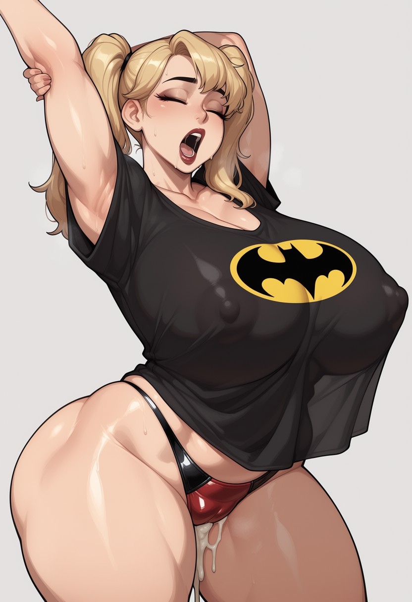 1girls, after sex, ai generated, blonde hair, breast implants, breasts, cheating, cheating girlfriend, civitai, cum dripping out of pussy, dc, dc comics, erect nipples, female, female only, harley quinn, huge ass, huge breasts, implied cheating, implied sex, jakespicer34, light-skinned female, panties, pigtails, solo, supervillain, thick thighs, yawning