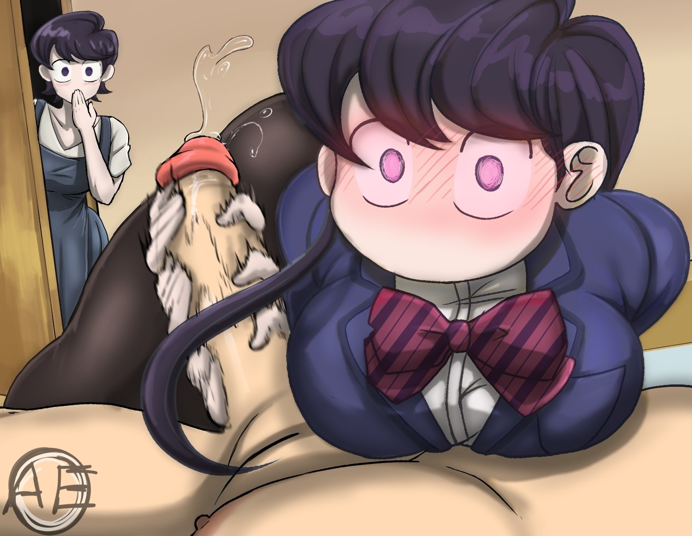 2girls, alt3r eg0, huge ass, huge breasts, jerking, komi can't communicate, komi shouko, komi-san wa komyushou desu, offscreen character, rubbing penis