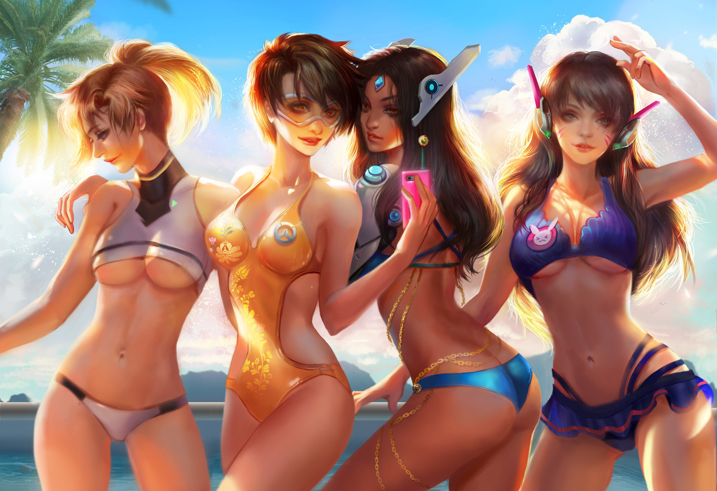 2d, 4girls, alternate costume, asian, ass, beach, bikini, blonde, breasts, brown hair, d.va, dark skin, dark-skinned female, fan yang, female, female only, green eyes, indian, long hair, mercy, multiple females, multiple girls, one-piece swimsuit, orange eyes, overwatch, selfie, short hair, swimsuit, symmetra, tracer