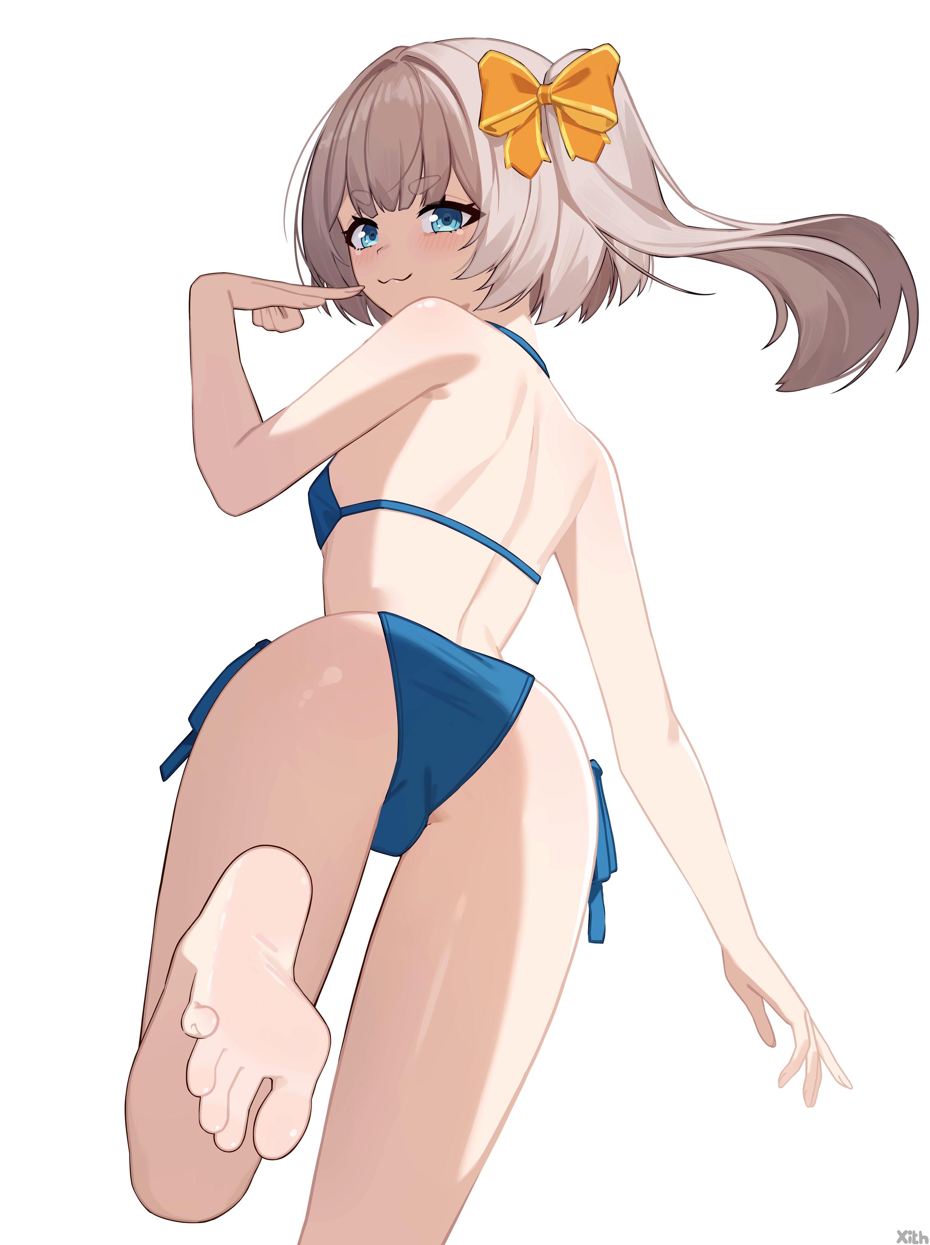 1girl, 1girls, absurdres, ass, back, bikini, blonde hair, blue bikini, blue eyes, bow, breasts, butt, feet, female, hair bow, highres, looking back, marimari en, orange bow, phase connect, short eyebrows, side ponytail, small breasts, soles, solo, swimsuit, virtual youtuber, vtuber, white background, x xith x