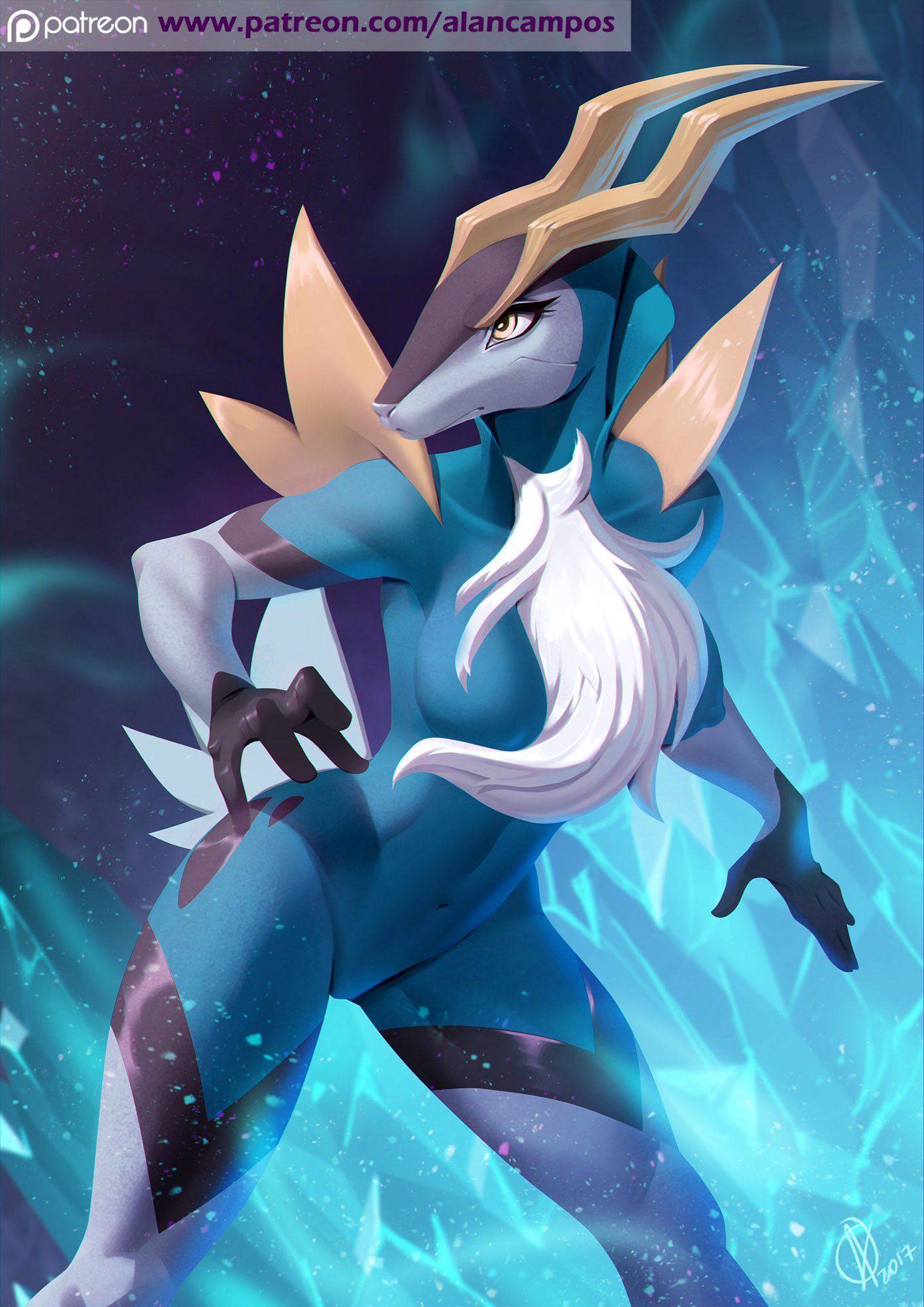 1girls, 2017, alanscampos, anthro, belly, blue fur, blue skin, breasts, cobalion, eyelashes, female, furry, horns, navel, nintendo, no nipples, nude, patreon, playfurry, pokemon, pokemon bw, solo, standing, text, url, yellow eyes