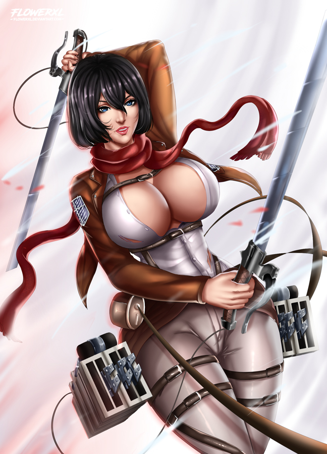 alternate breast size, attack on titan, big breasts, breasts, cleavage, female, female only, flowerxl, hairless pussy, hourglass figure, large breasts, looking at viewer, mikasa ackerman, pussy, shingeki no kyojin, solo, sword
