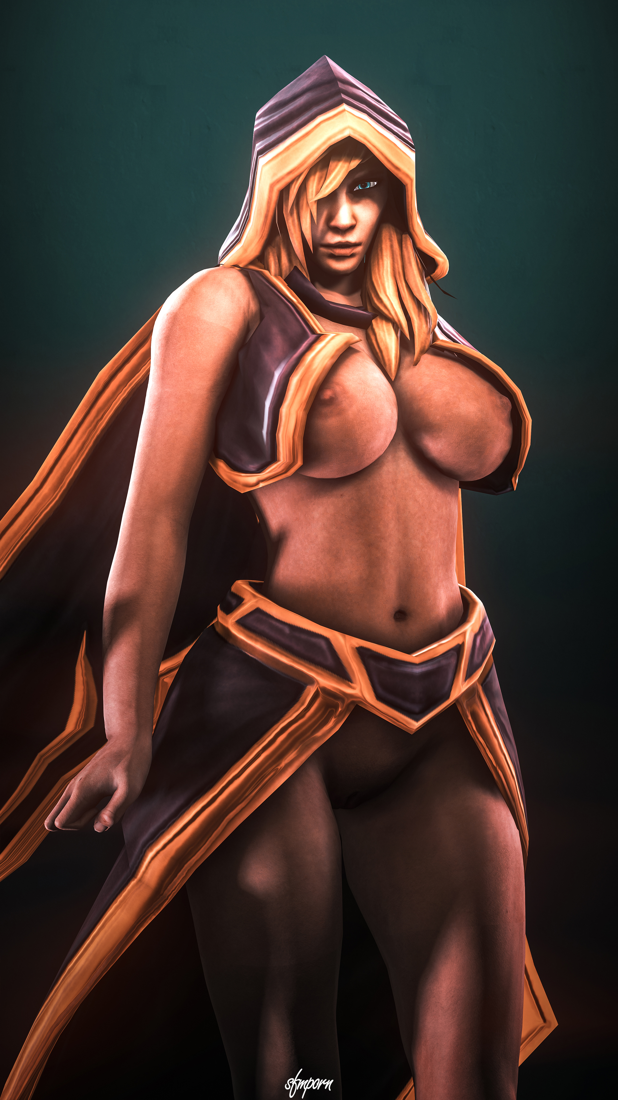 3d, absurdres, areolae, breasts, female, female only, heroes of the storm, highres, human, jaina (hots model), jaina proudmoore, looking at viewer, nipples, slop art, solo, source filmmaker, world of warcraft