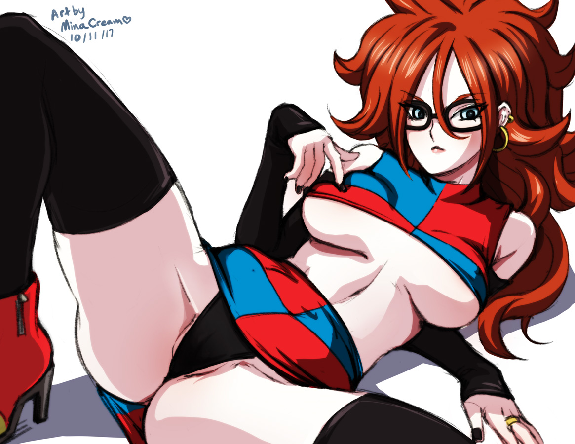1girls, android 21, android 21 (human), blue eyes, breasts, cleavage, dragon ball, dragon ball fighterz, female, female only, glasses, high heel boots, hoop earrings, looking at viewer, minacream, panties, skirt, solo, spread legs, underboob, upskirt, vomi (dragon ball)