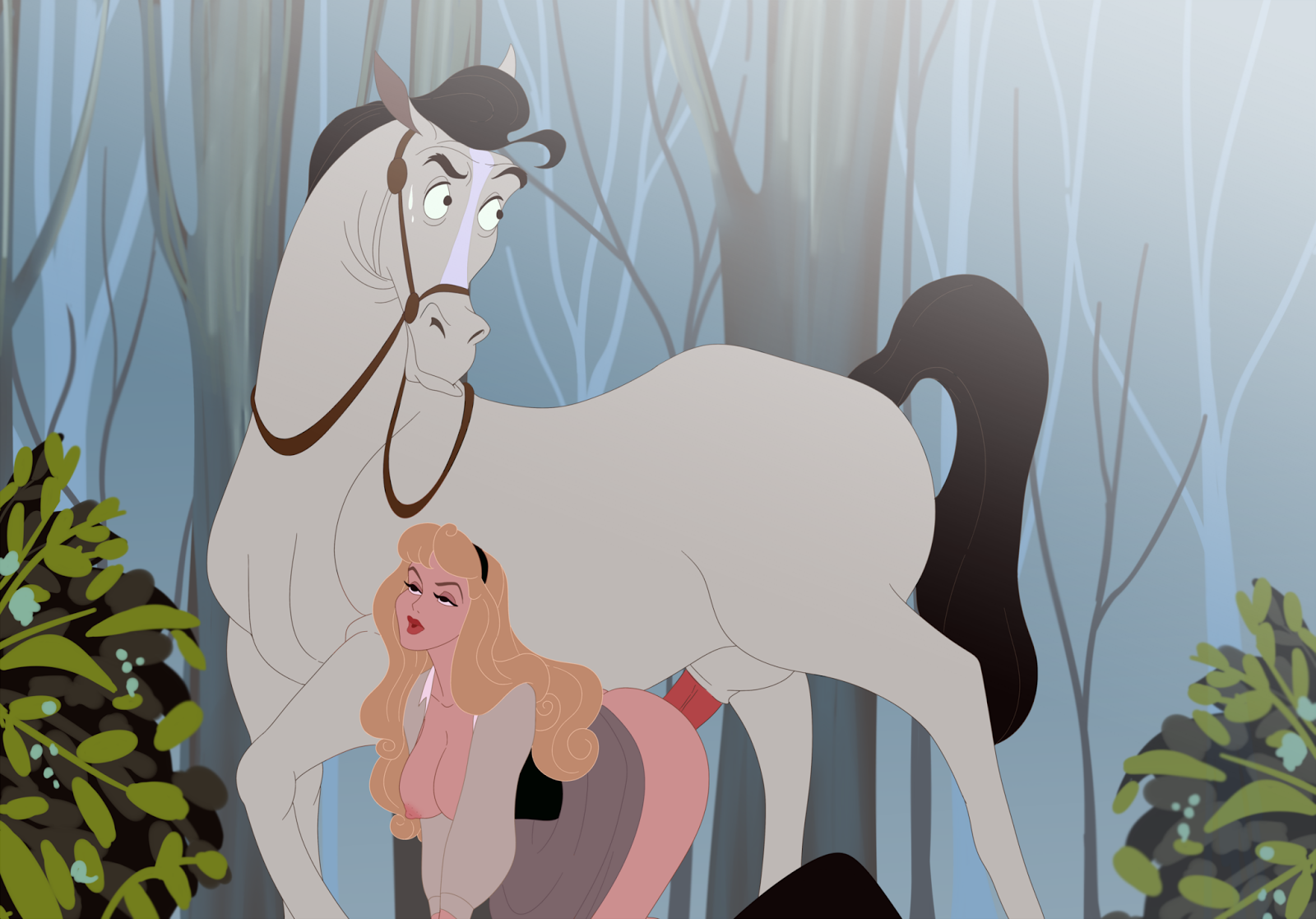 1girls, ambiguous penetration, animal genitalia, ass out, aurora (sleeping beauty), bestiality, big breasts, blonde hair, breasts, breasts out, discreenvision, disney, disney princess, doggy style, exposed ass, exposed breasts, female, forest, forest sex, functionally nude female, hanging breasts, horse, horsecock, inusen, long hair, male, nipples, penis, princess, red lipstick, royalty, samson (sleeping beauty), sex, sleeping beauty (1959 film), zoophilia