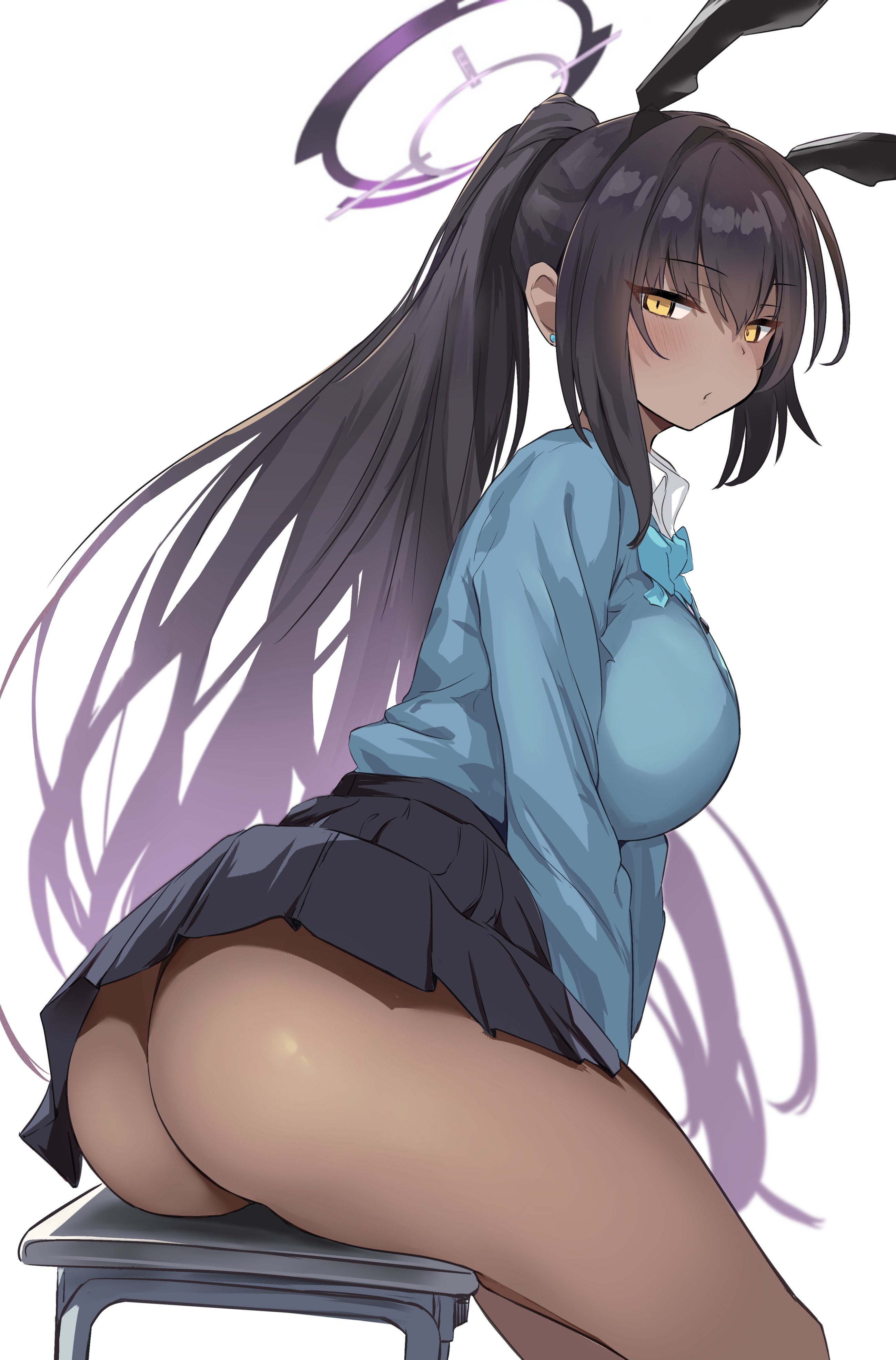 ass, blue archive, bottomless, breasts, cleaning & clearing (blue archive), female, from behind, karin (blue archive), large ass, large breasts, looking back, millennium science school student, no panties, school uniform, sitting, sitting on desk, thighs