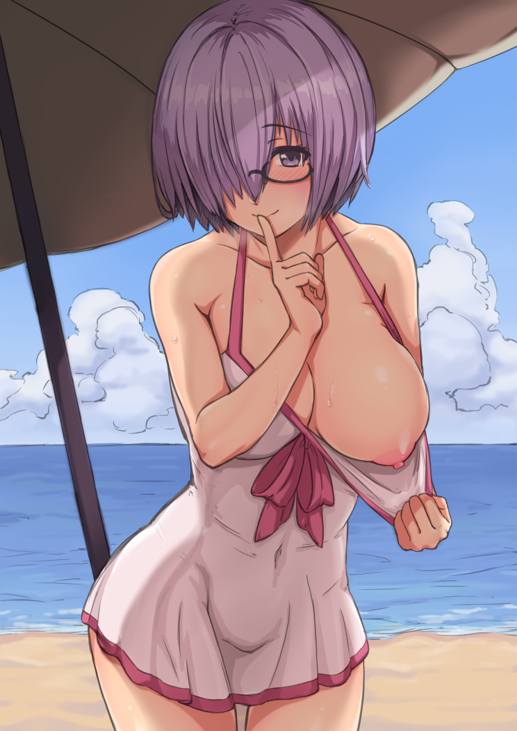 1girls bare_shoulders beach black-framed_eyewear blush bow breasts cleavage clothed_navel cloud collarbone covered_navel eyebrows_visible_through_hair fate/grand_order fate_(series) female finger_to_mouth glasses hair_over_one_eye half-closed_eyes hand_to_own_mouth hand_up large_breasts mash_kyrielight mashu matching_hair/eyes navel nipples ocean one_breast_out outdoors pink_bow pink_hair pulled_by_self purple_eyes purple_hair shielder_(fate) shielder_(fate/grand_order) shiny_skin shirt_pull short_hair shushing sky smile solo solo_focus standing sweat swimsuit thigh_gap thighs type-moon umbrella water white_swimsuit yas_(35373)