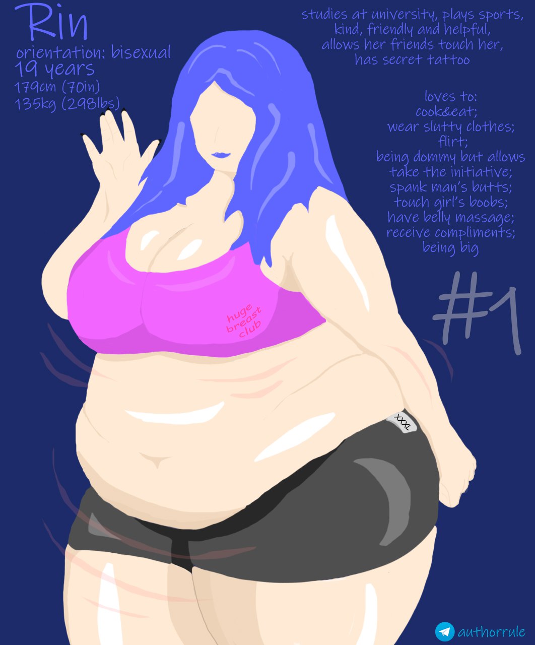 1female bbw belly_focus big_belly big_breast big_breasts big_tummy bike_shorts bisexual bisexual_(female) blue_hair blue_lipstick boobs_bigger_than_head chubby chubby_female chubby_girl crop_top curvy curvy_female curvy_figure fat_ass fat_belly fat_female fat_fetish fatty female female_only femdom girl girl_only greeting hips_wider_than_shoulders huge_breasts jiggling lips medium_hair no_eyes no_face original_character overweight overweight_female pink_crop_top plump_lips simple_background slutty_outfit sporty strongfat taller_female taller_girl text unknown_artist wide_hips younger_female