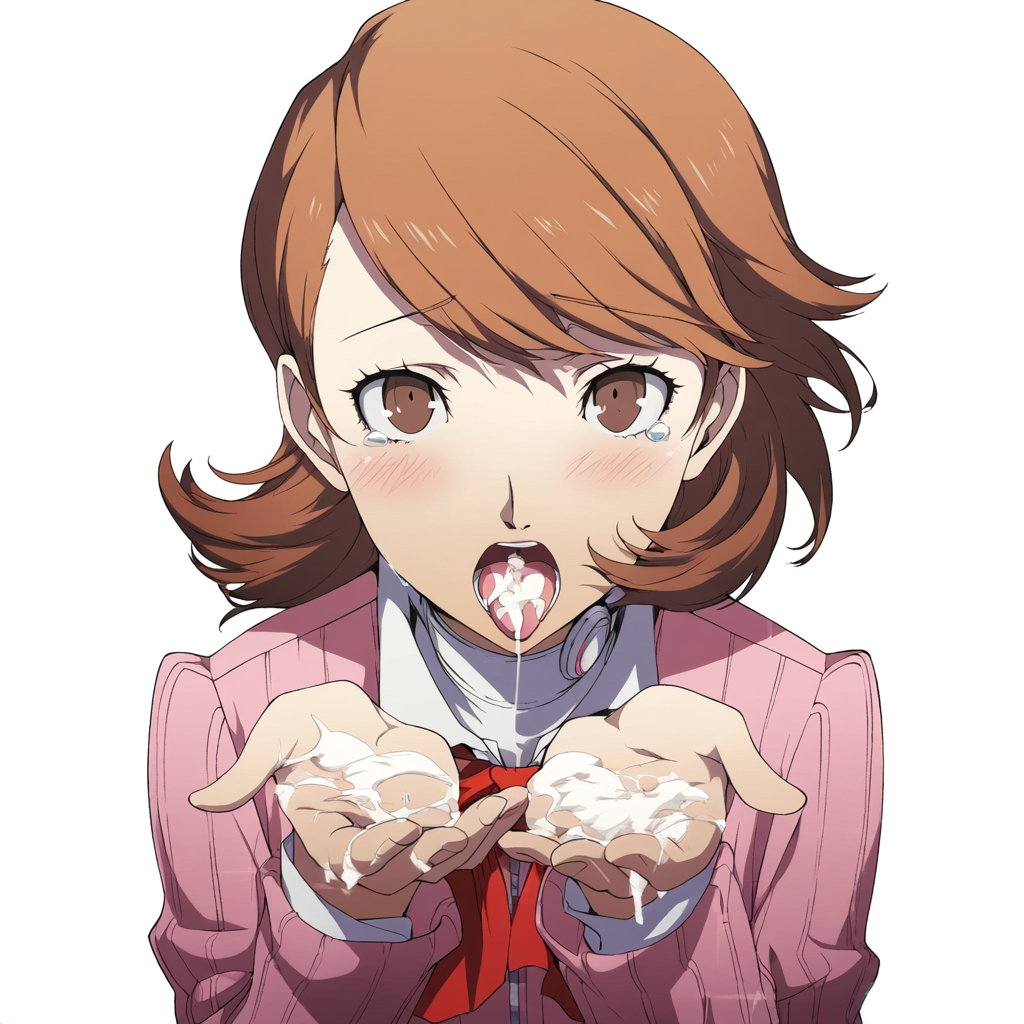 1girls, ahe gao, ai generated, atlus, brown eyes, brown hair, clothing, cum, female, orange hair, persona, persona 3, semen, short hair, yukari takeba