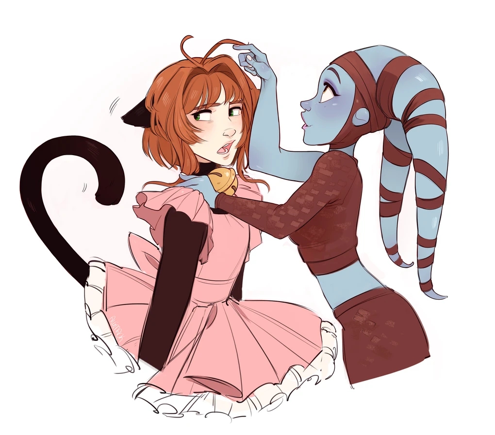 2girls aayla_secura alien allimack animal_humanoid blue_body blue_skin blush brown_hair cardcaptor_sakura cat_humanoid crossover duo felid felid_humanoid feline feline_humanoid female female/female female_only human humanoid lekku_(anatomy) mammal mammal_humanoid multiple_girls open_mouth sakura_kinomoto star_wars teeth twi'lek