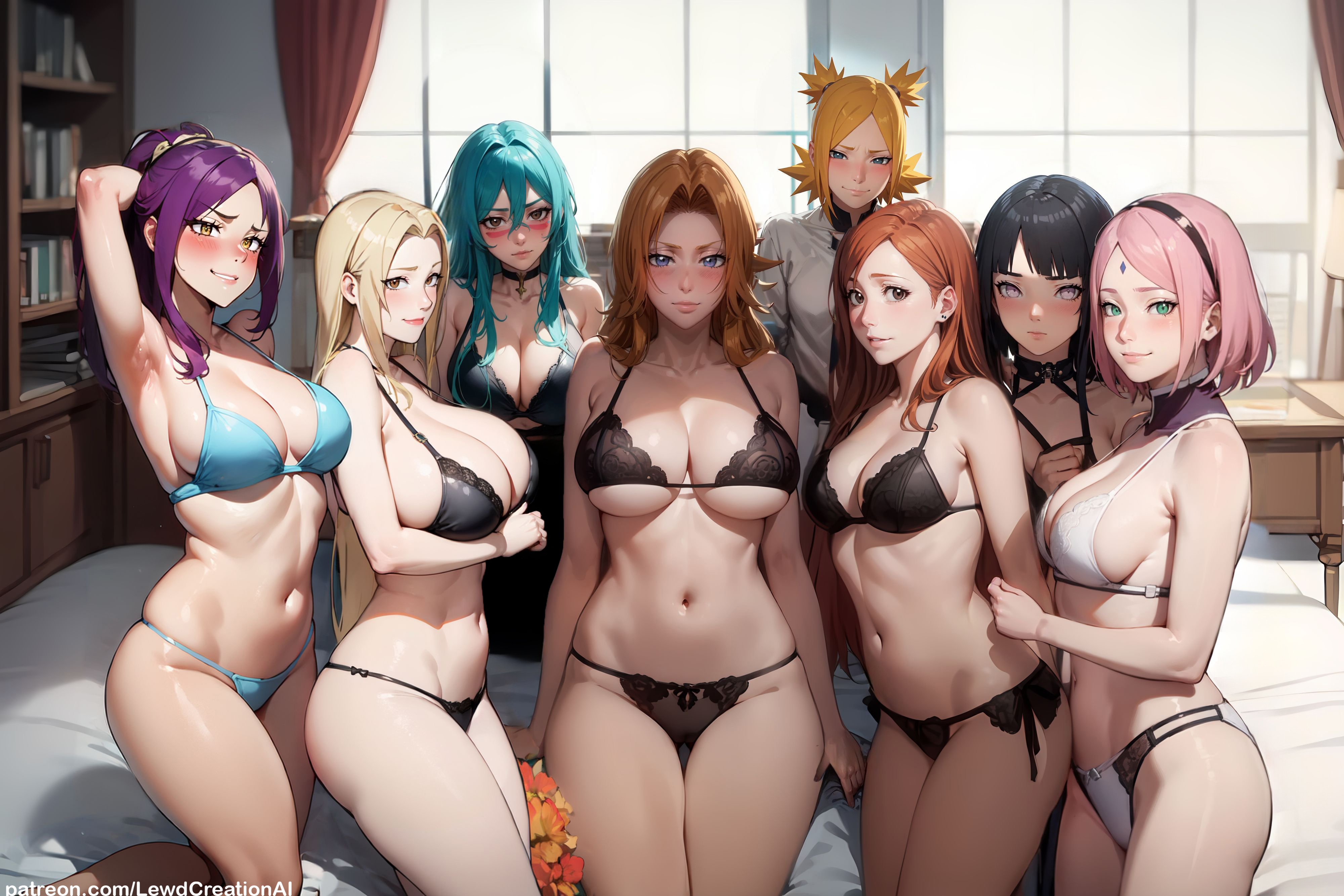 6+girls, 8girls, absurd res, ai generated, ass, bedroom, big breasts, black hair, bleach, bleach: the thousand-year blood war, blonde female, blonde hair, blue hair, blush, blush lines, blushing at viewer, bra, breasts, cameltoe, cleavage, crossover, curvy, curvy figure, domination, female, female only, green eyes, group, group sex, haruno sakura, high resolution, highres, huge breasts, hyuuga hinata, hyuuga hinata (naruto: the last), indoors, inoue orihime, large breasts, lewdcreationsai, lingerie, looking at viewer, matsumoto rangiku, mature, mature female, multiple females, multiple girls, naruto, naruto (series), naruto shippuden, naruto: the last, navel, nelliel tu odelschwanck, orange hair, panties, pink hair, purple hair, pussy, sakura haruno, side view, sideboob, sitting, smile, smirk, smirking, solo, solo female, solo focus, standing, temari, thick, thick ass, thick legs, thick thighs, thighs, tsunade