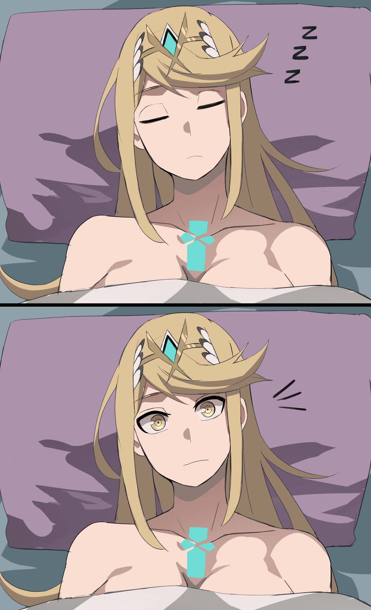 1girls after_sex bed blanket blonde_hair cleavage jourd4n mythra nude waking_up xenoblade_(series) xenoblade_chronicles_2