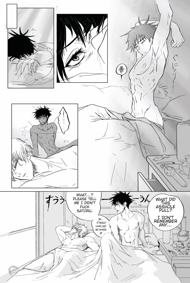 2boys bed bedroom comic english_text fushiguro_megumi gay jujutsu_kaisen male male/male male_only nude nude_male on_bed rubymoon_art satoru_gojo yaoi