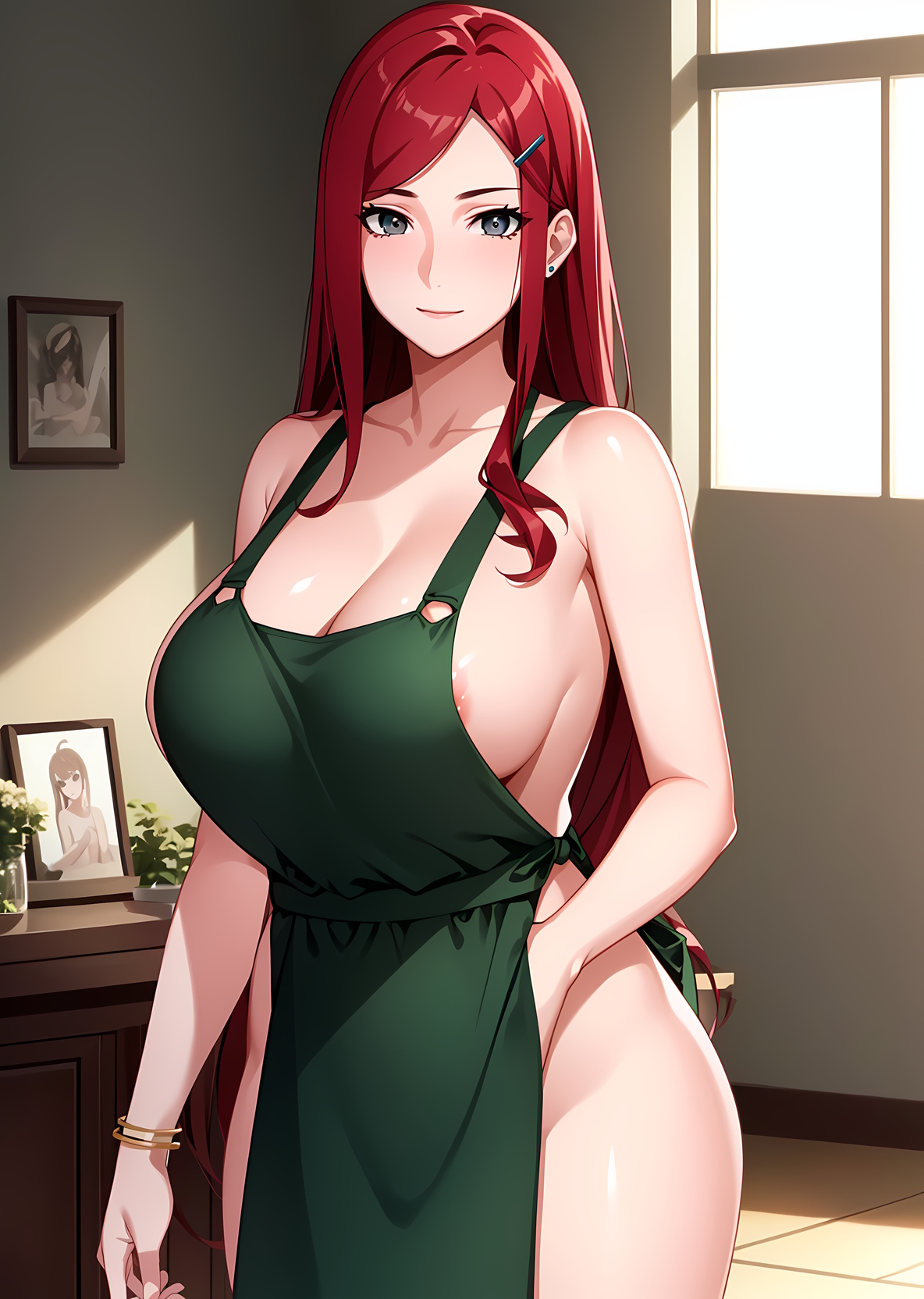 1girls, ai generated, apron, apron only, bare chest, bare shoulders, bare thighs, barely clothed, big breasts, blue eyes, blush, bracelet, breasts, breasts bigger than head, child bearing hips, facing viewer, female, female only, front view, functionally nude, functionally nude female, green apron, hair ornament, hairclip, hands on hips, hourglass figure, housewife, huge breasts, indoors, kitchen, kurabu bosu, light skin, light-skinned female, long hair, looking at viewer, mature, mature female, milf, mommy, nai diffusion, naked apron, naruto, naruto (series), naruto shippuden, partially clothed, partially clothed female, pinup, red hair, sagging breasts, slim waist, stable diffusion, thick thighs, thighs, upper body, uzumaki kushina, very long hair, voluptuous, wide hips, wife
