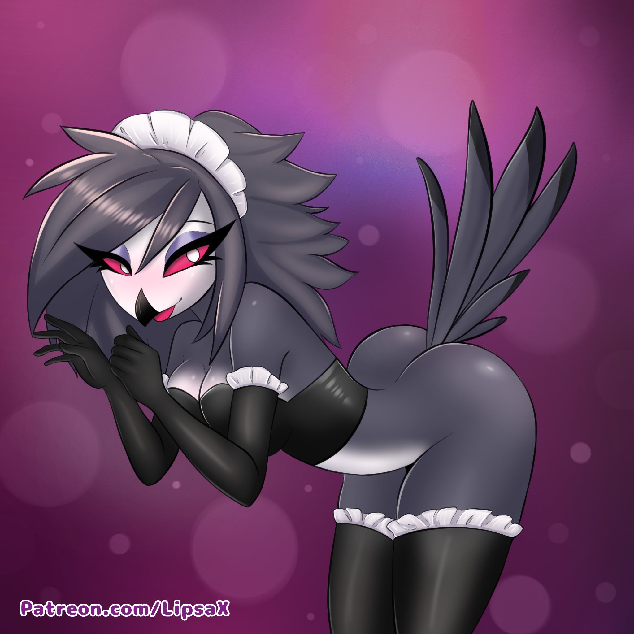 1girls, avian, bird, demon, female, helluva boss, lipsa69, looking at viewer, maid, maid headdress, maid uniform, octavia (helluva boss), owl, owl demon, patreon, seductive, tagme