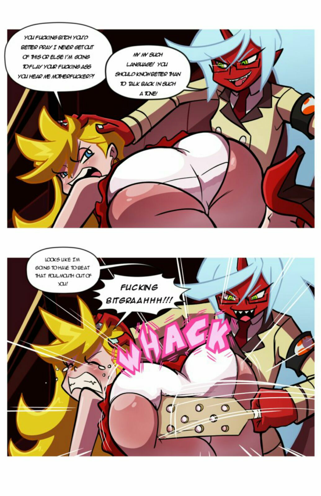 2girls angel ass axel-rosered big_butt blonde_hair clenched_teeth crying demon demon_girl dialogue femdom femsub glasses horn kneesocks_daemon paddle pain panties panty_&_stocking_with_garterbelt panty_anarchy spanking tears