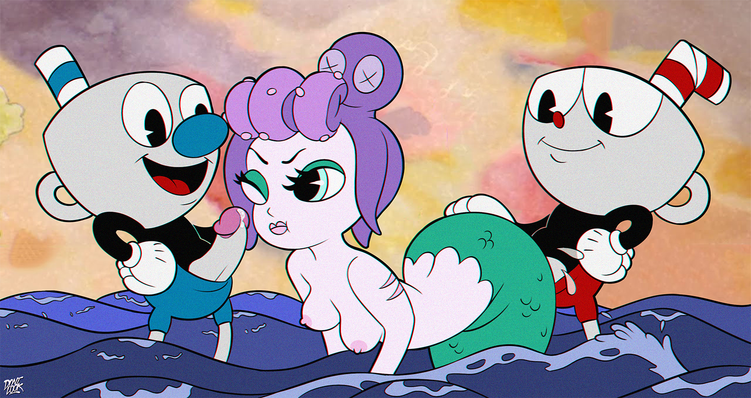 cala maria, cuphead, cuphead (game), dontlook, female, footwear, handwear, male, mugman, straight, video games