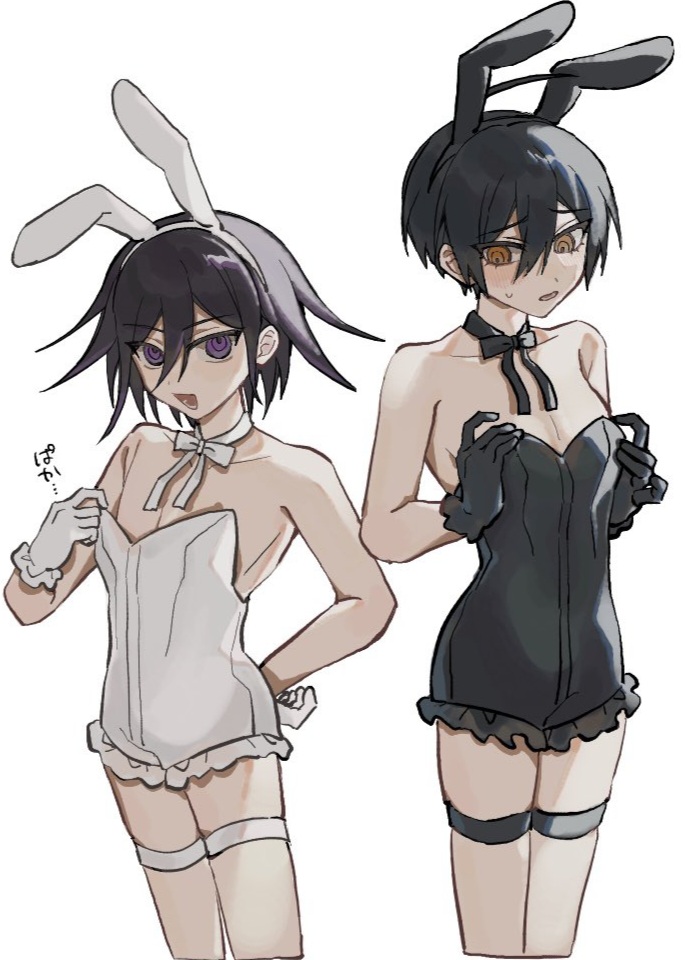 2boys, 2d, 2d (artwork), 2femboys, bowtie, bunny ears, corset, danganronpa, danganronpa v3, femboy, feminine, feminine faced male, feminine male, gloves, male, male only, nervous, nervous sweat, new danganronpa v3, open mouth, orange eyes, otoko no ko, ouma kokichi, playboy bunny, purple eyes, saihara shuuichi, slim, smile, tagme, thighs