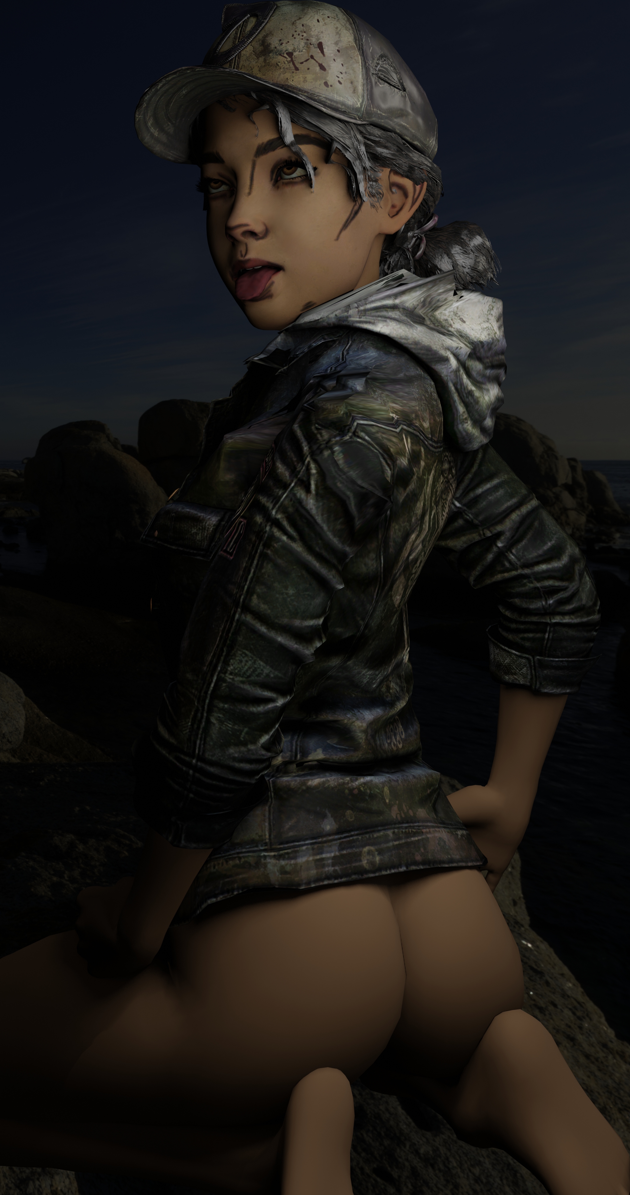 1girls, 3d, 3d (artwork), ass, ass focus, blue jacket, bottomless, clementine (the walking dead), feet, female, female only, partially clothed, soles, solo female, teenage female, the walking dead, the walking dead game, the walking dead: the final season, tongue, tongue out, unknown artist