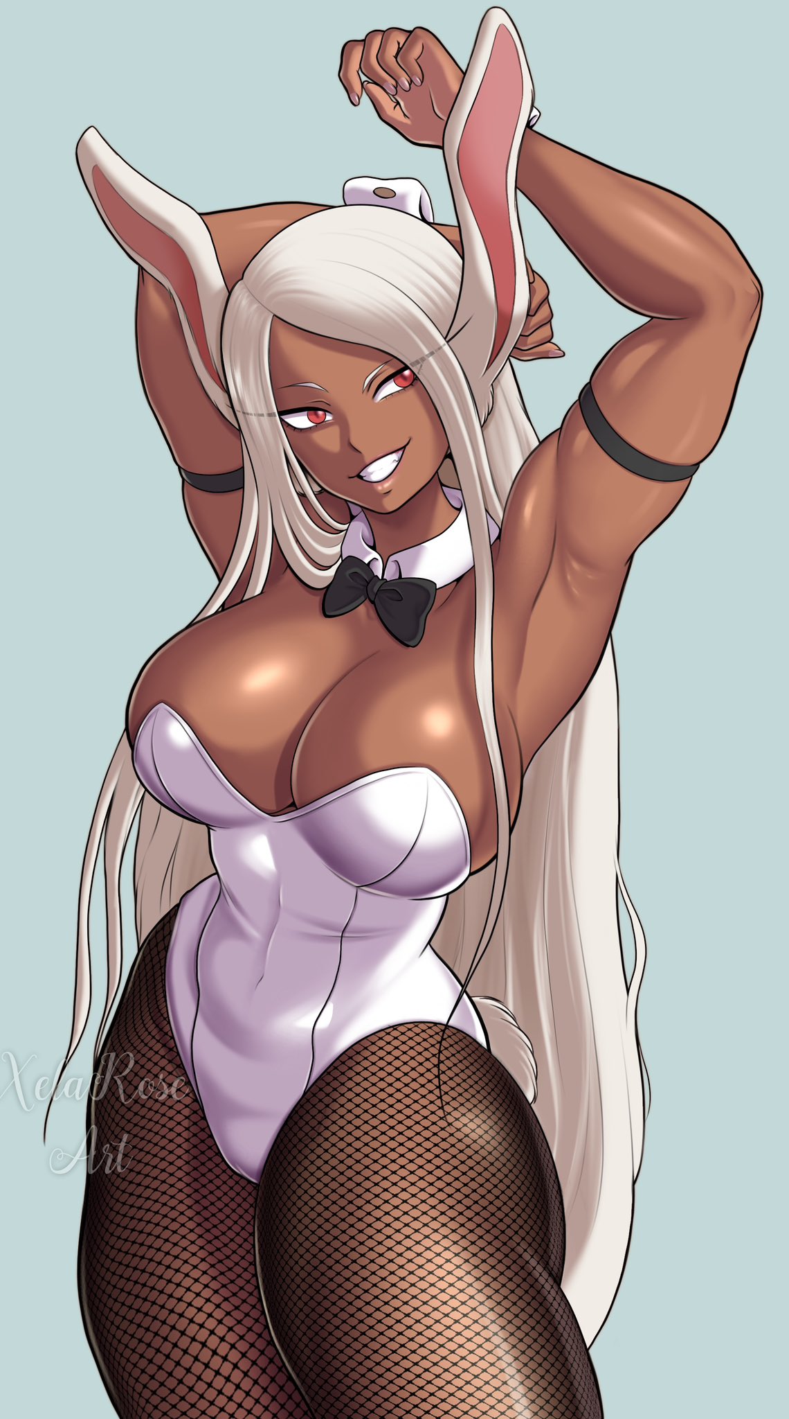 1girls animal_ears arm_strap armpit big_breasts breasts bunny_ears bunny_girl bunny_tail cleavage female female_only fishnet fishnet_legwear fishnets hair huge_breasts leggings legwear long_hair miruko my_hero_academia pantyhose red_eyes rumi_usagiyama smile solo solo_female tail thighs white_bunnysuit white_hair xelaroseart