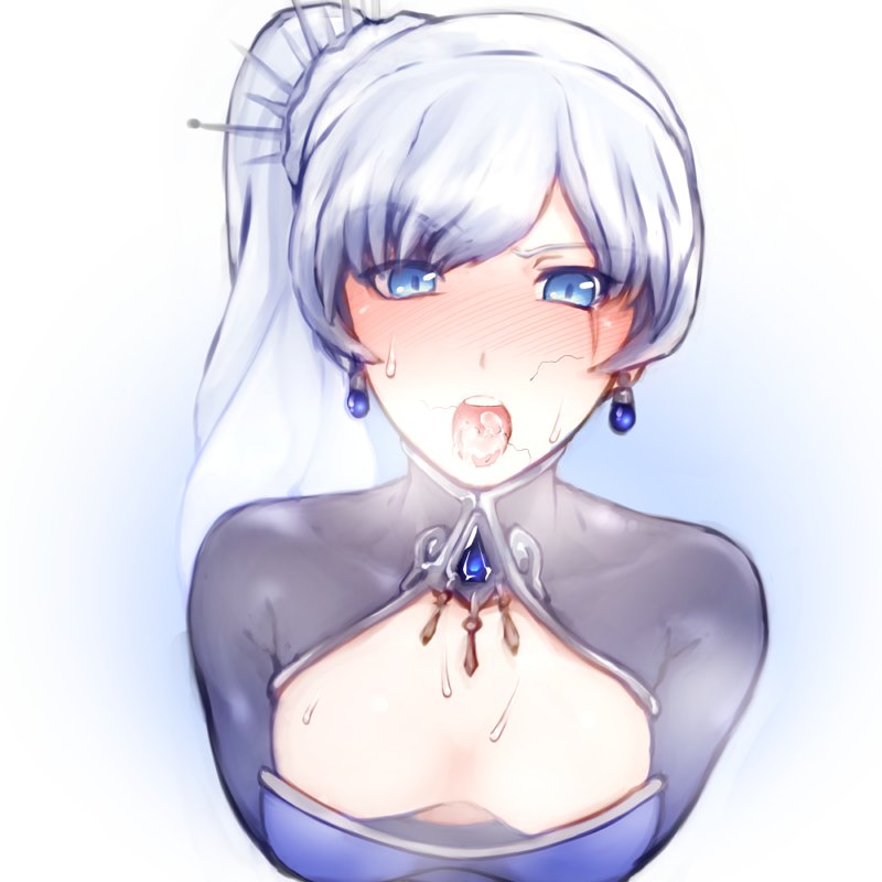blue eyes, blush, breasts, cum, cum in mouth, female, looking at viewer, mistral outfit, pubic hair, rwby, small breasts, solo focus, weiss schnee, weiss schnee (mistral)