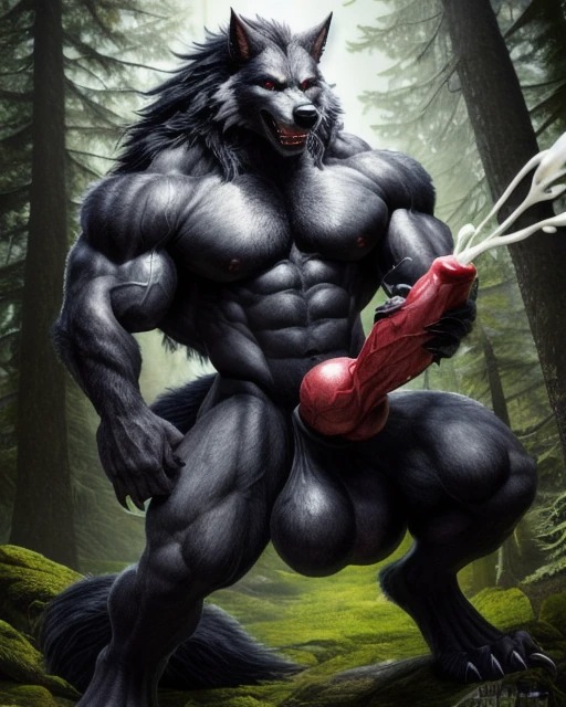 ai_generated anthro canid canine canine_genitalia canine_penis cum cumshot cumstring huge_balls huge_cock monster monster_cock muscular muscular_anthro werecanid werecanine werewolf