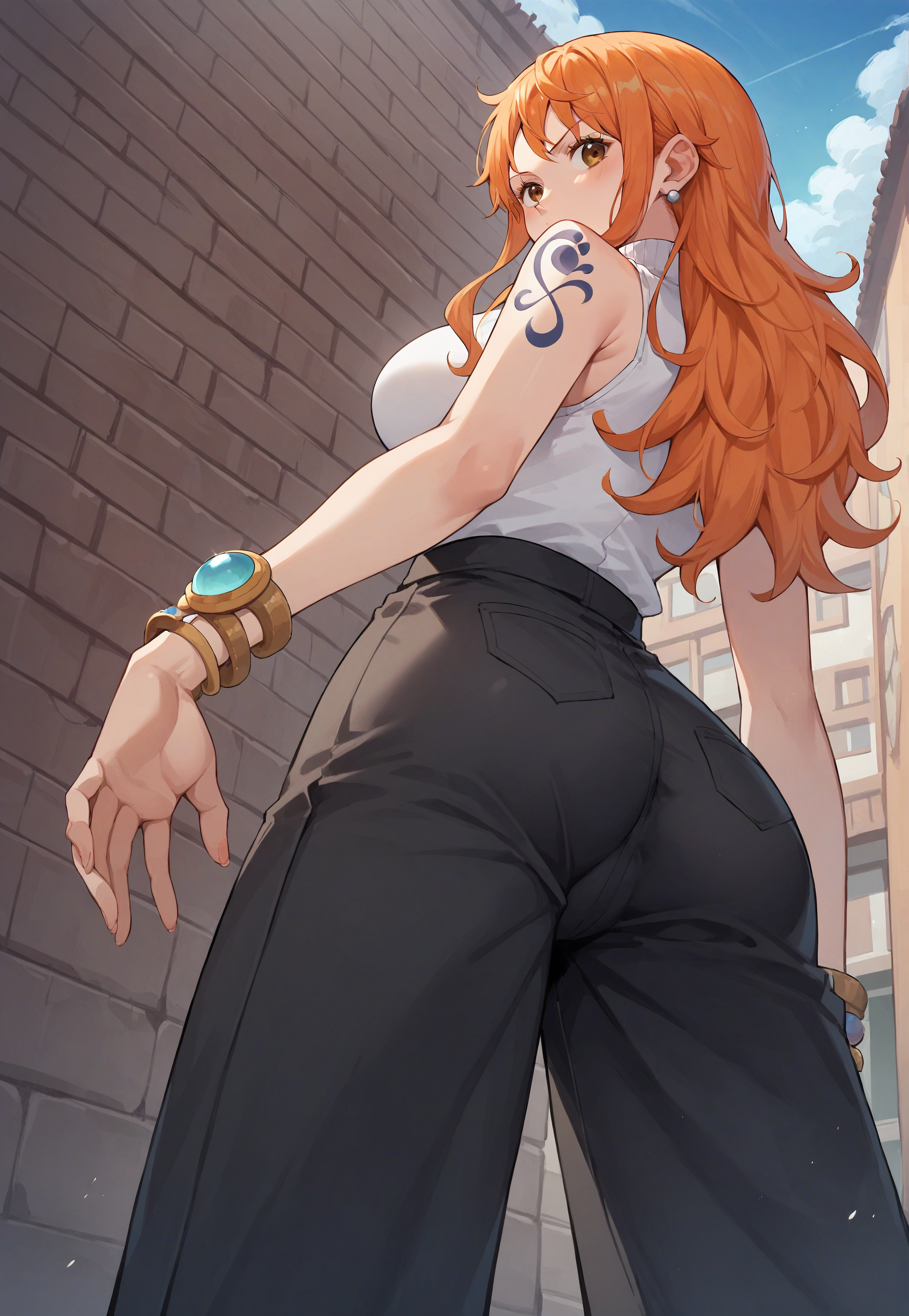 ai generated, amber eyes, ass, clothing, female, female only, fully clothed, jeans, nami (one piece), one piece, orange hair, post-timeskip, robinlover, tagme