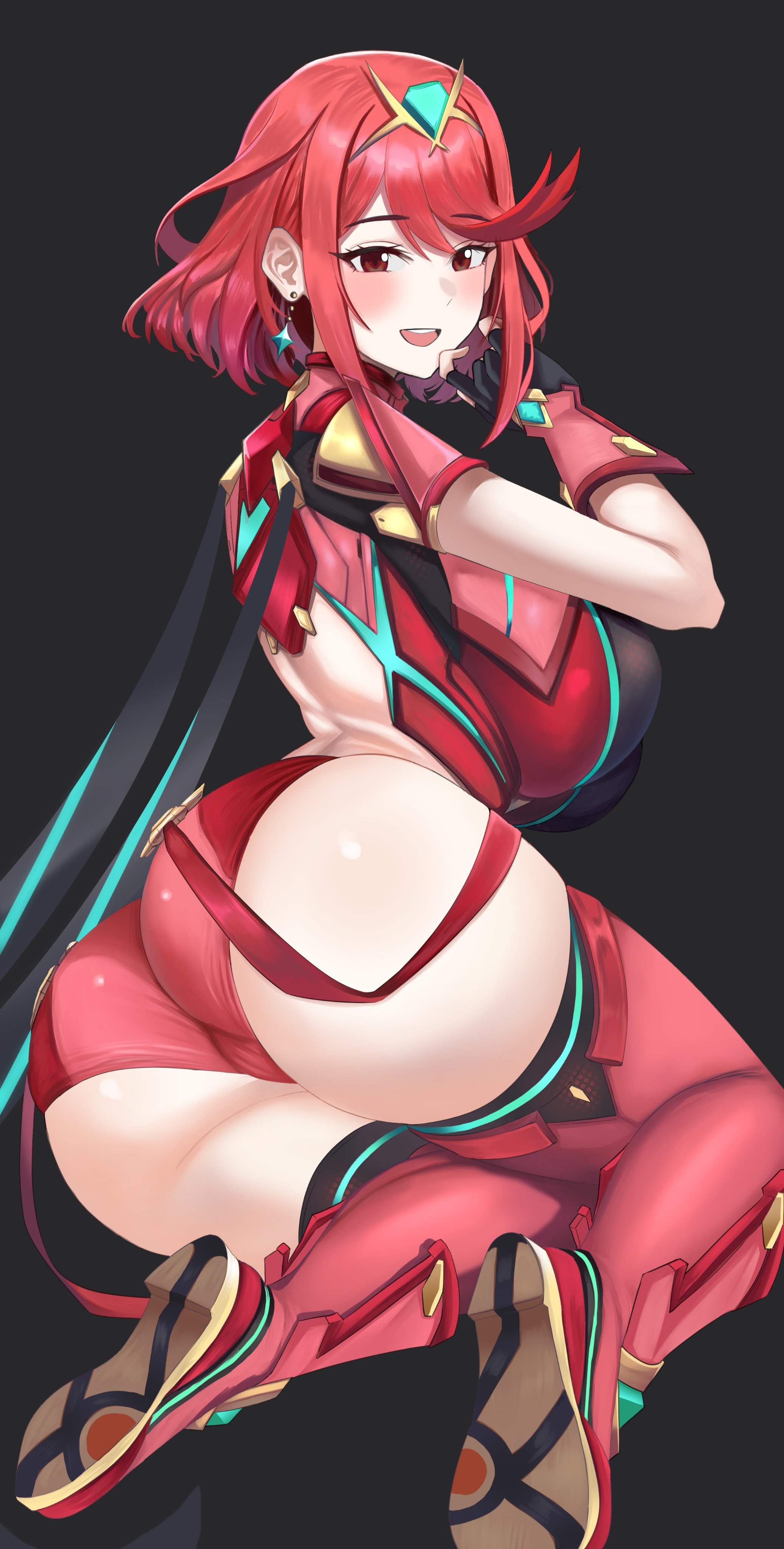 1girls, ass, booty shorts, breasts, brown hair, desspie, female, huge ass, huge breasts, light skin, light-skinned female, naughty face, nintendo, pyra, red eyes, red hair, short hair, short shorts, shorts, smile, xenoblade (series), xenoblade chronicles 2