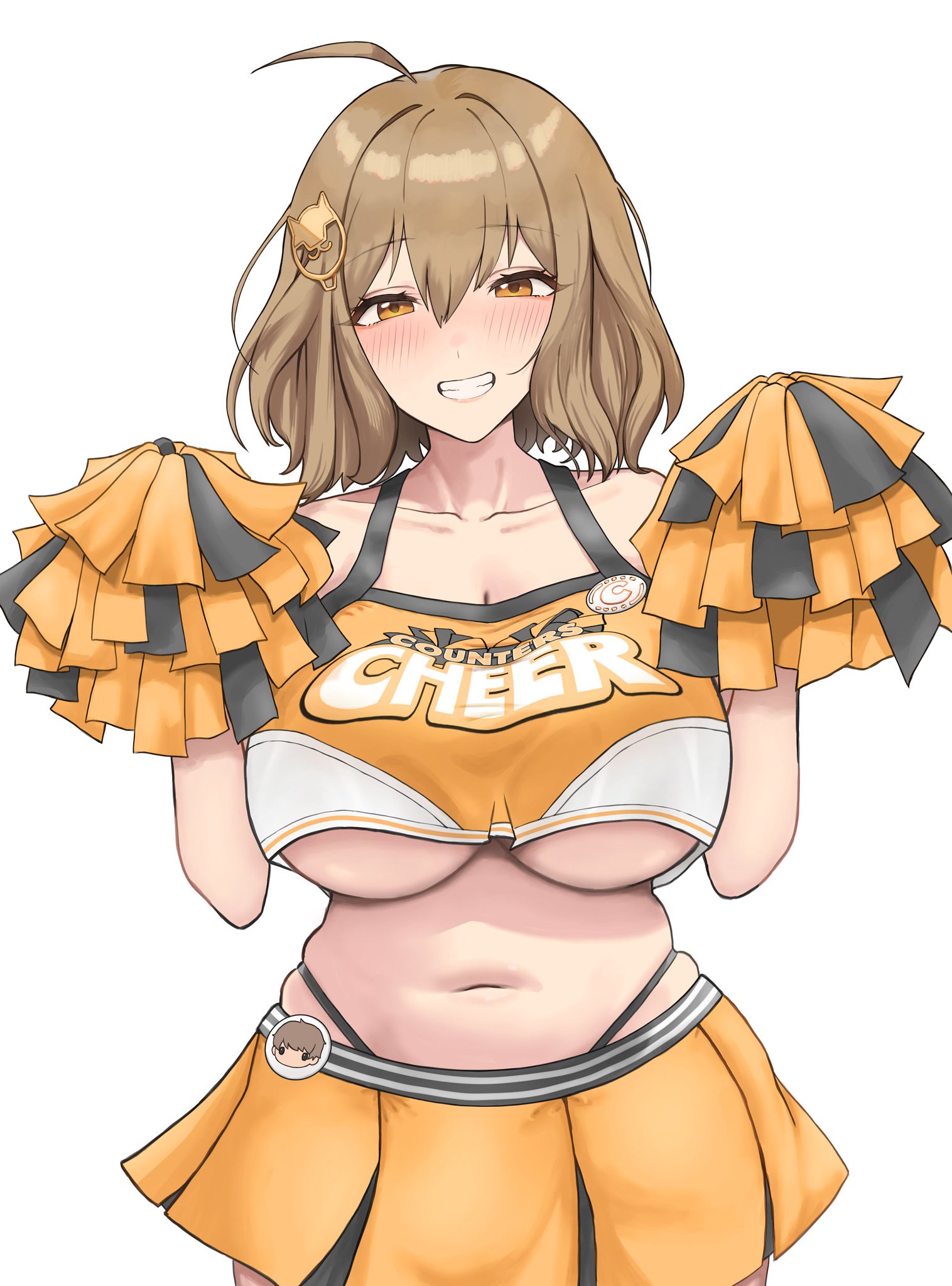 1girls, anis (nikke), bare shoulders, big breasts, black thong, blush, breasts, brown hair, cheerleader, cheerleader uniform, female, female only, goddess of victory: nikke, hair ornament, large breasts, light skin, light-skinned female, midriff, navel, orange skirt, pale skin, pale-skinned female, pom poms, short skirt, shoulder length hair, skirt, thong, underboob, wholesome, yellow eyes