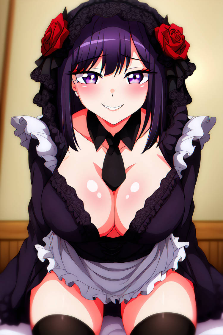 ai_generated anime_style blush busty cleavage cosplay curvy female female_only frills front_view hi_res highres hood kitagawa_marin kuroe_shizuku_(cosplay) purple_eyes seraphim_ai sitting smile solo sono_bisque_doll_wa_koi_wo_suru stable_diffusion stockings thighhighs