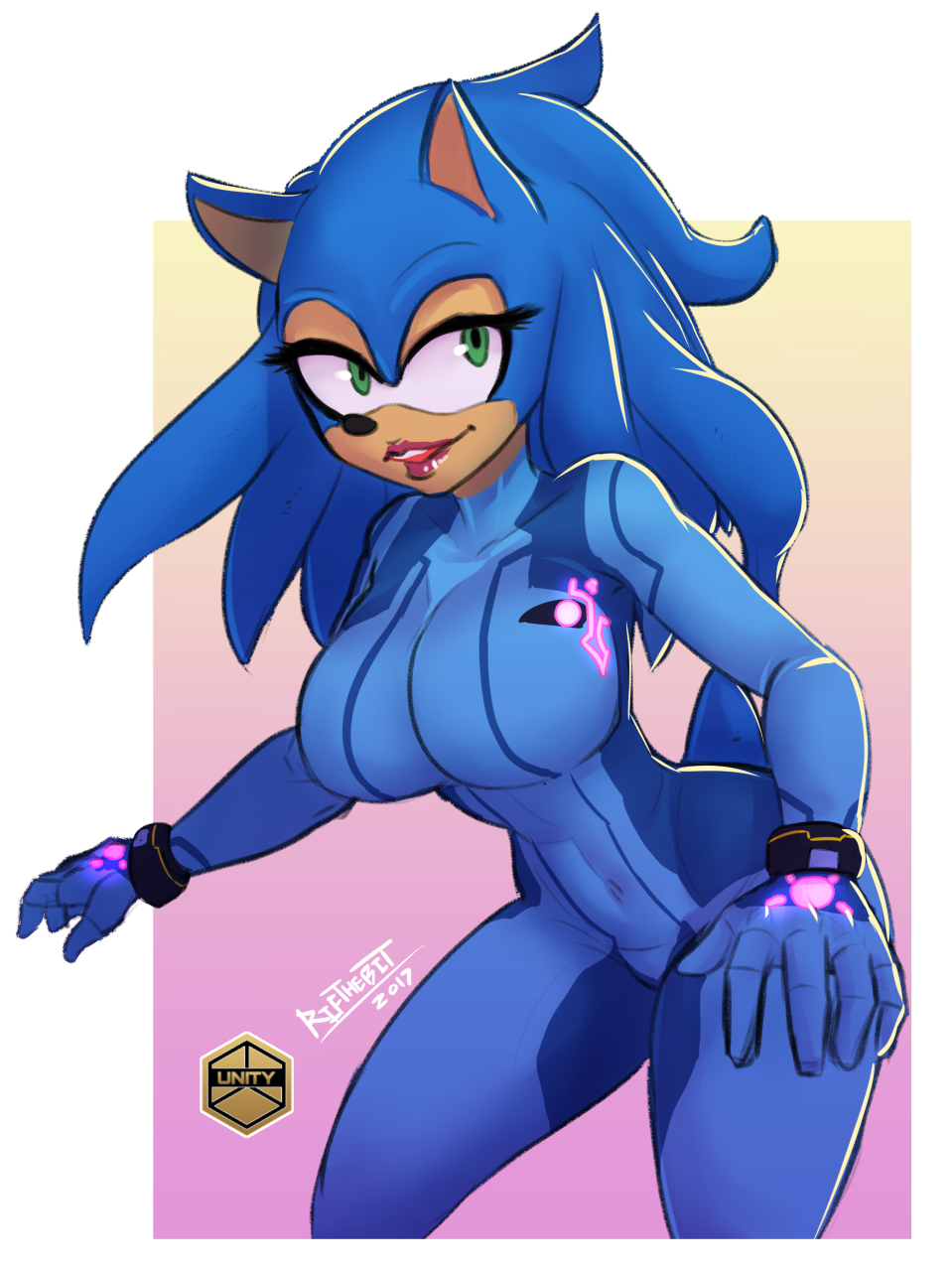 1girls 2017 big_breasts bimbo breasts busty clothed clothing cosplay female green_eyes hedgehog hourglass_figure lipstick makeup mammal mascara metroid nintendo rifthebit rule_63 samus_aran smile sonic_(series) sonic_the_hedgehog sonique_the_hedgehog video_games voluptuous zero_suit