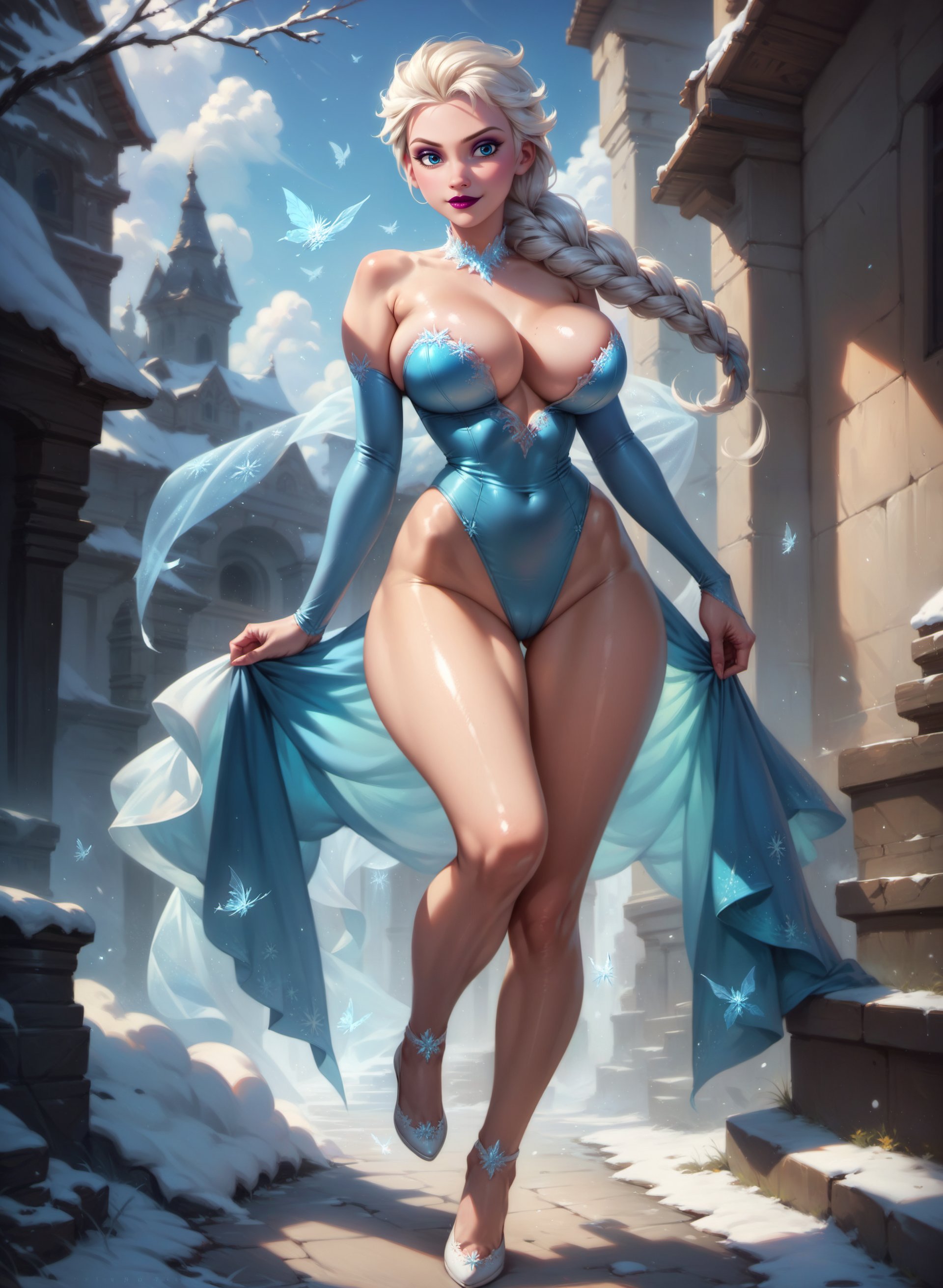 1girls, ai generated, big eyes, blonde, blonde female, blue eyes, boob window, breasts, busty, cleavage, disney, disney princess, elsa (frozen), female, frozen (film), frozen 2, high heels, hourglass figure, league69, leotard, long hair, looking at viewer, queen, royal, royalty, solo, white hair, wide hips