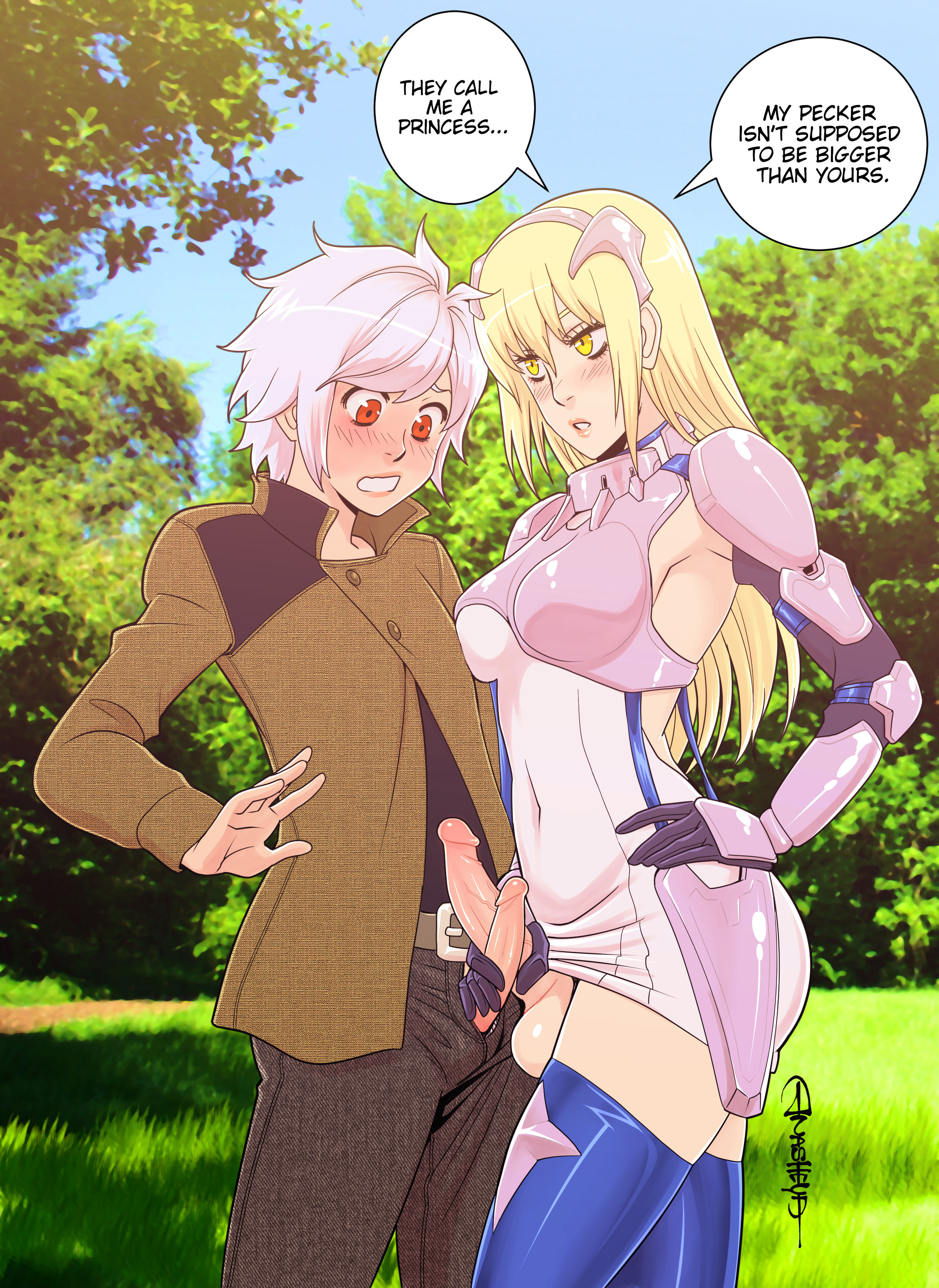 1boy, 1futa, absurd res, aiz wallenstein, anasheya, balls, bell cranel, big balls, big breasts, big penis, blonde hair, blush, breasts, clenched teeth, dickgirl, dungeon ni deai wo motomeru no wa machigatteiru darou ka, erection, femboy, frottage, futa is bigger, futa on male, futadom, futadom caption, futanari, hourglass figure, intersex, large breasts, looking down, male, penis, penis size comparison, penis size difference, penises touching, red eyes, small penis, small penis humiliation, speech bubble, standing, testicles, text, thighhighs, veiny penis, yellow eyes