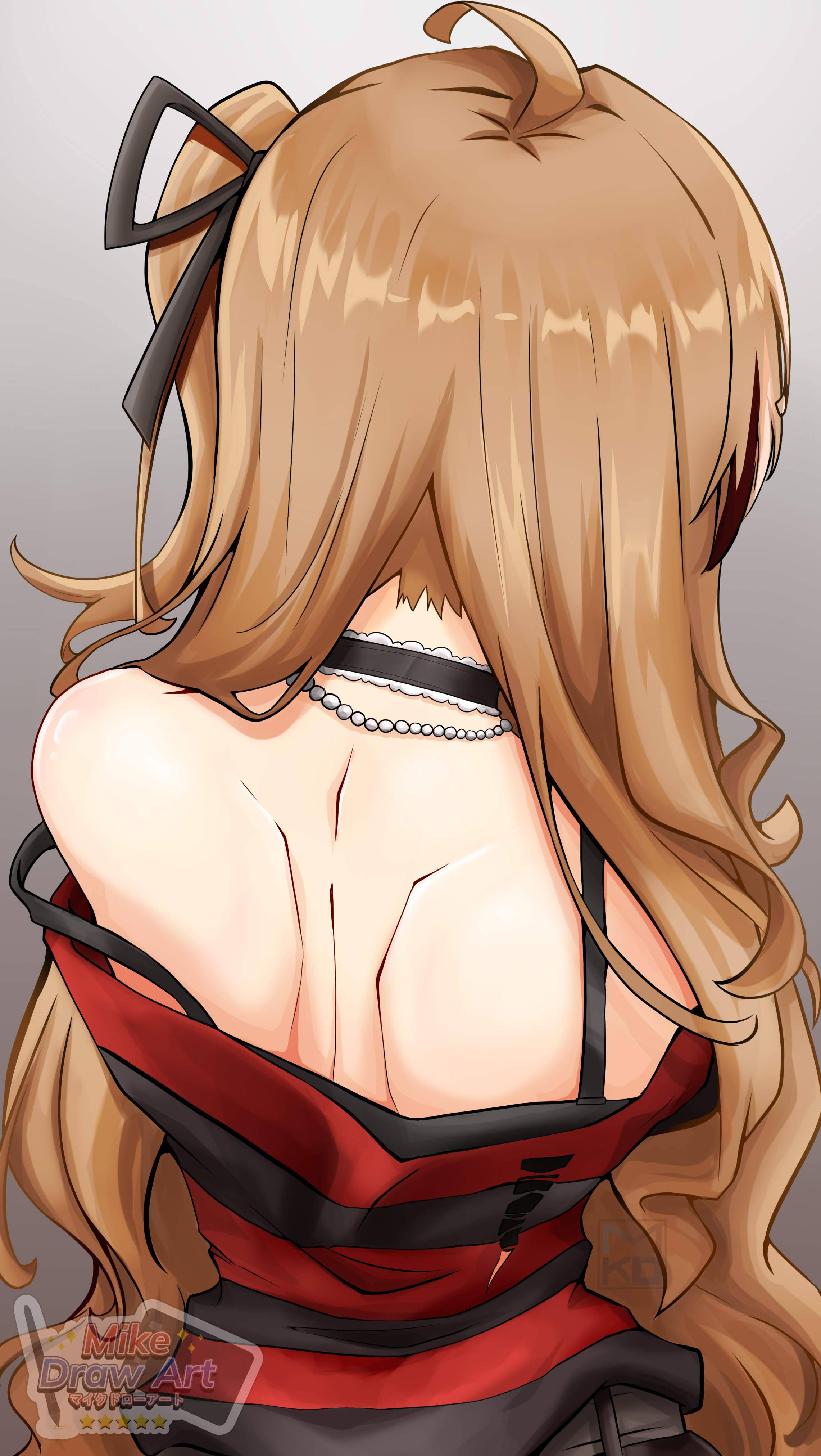 1girls, ahoge, back, back view, bare back, bare shoulders, brown hair, cowlick, female, hair ribbon, hololive, hololive english, hololive english -council-, hololive english -promise-, long hair, mikedrawart, nanashi mumei, nanashi mumei (emo), necklace, neckwear, shoulders, virtual youtuber