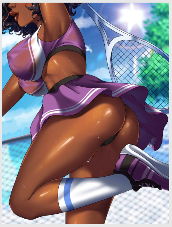 1girls big_breasts black_hair breasts dark-skinned_female dark_skin green_eyes heather_(sexy_beaches) melanin nutaku sexy_beaches tenis_outfit tenis_shoes